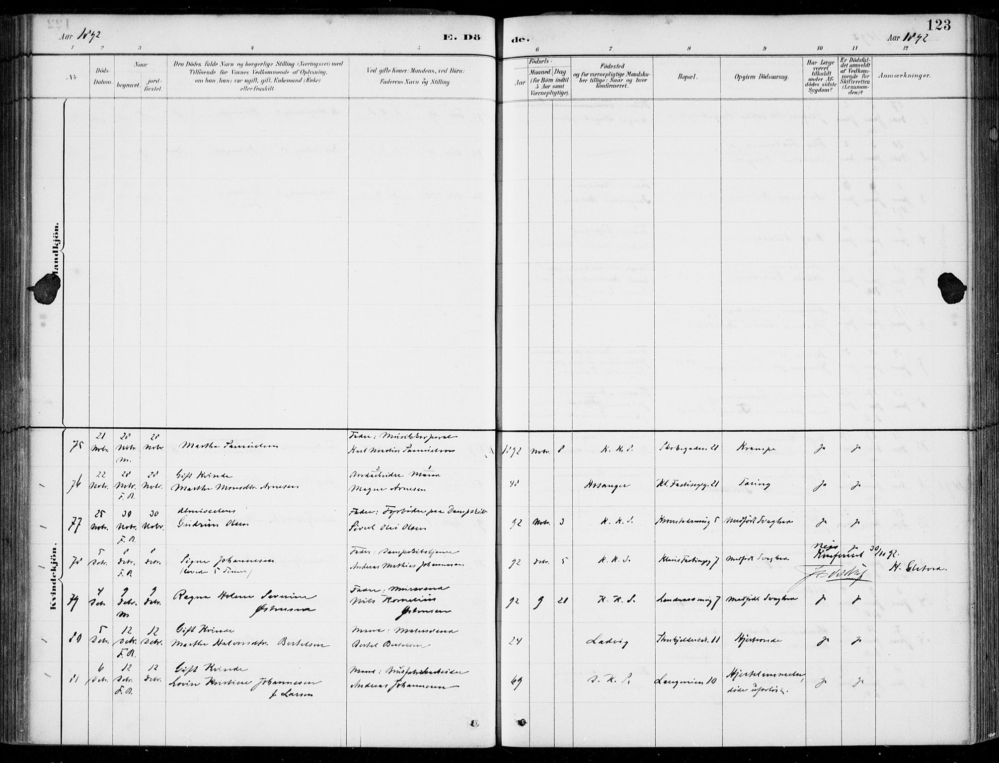 Korskirken sokneprestembete, SAB/A-76101/H/Hab: Klokkerbok nr. E 4, 1884-1910, s. 123