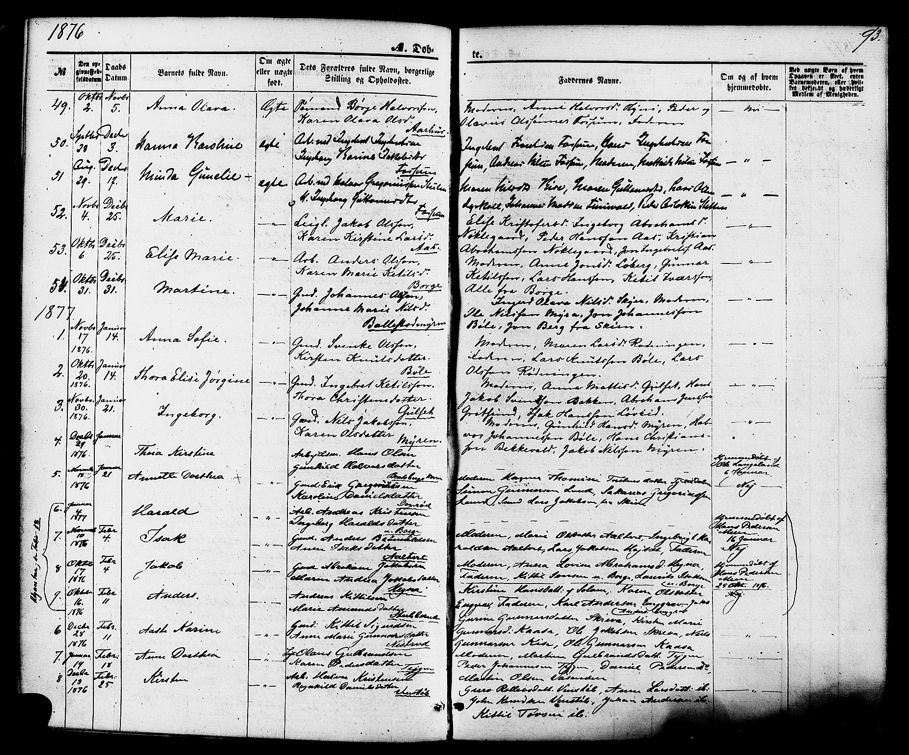 Gjerpen kirkebøker, AV/SAKO-A-265/F/Fa/L0009: Ministerialbok nr. I 9, 1872-1885, s. 93