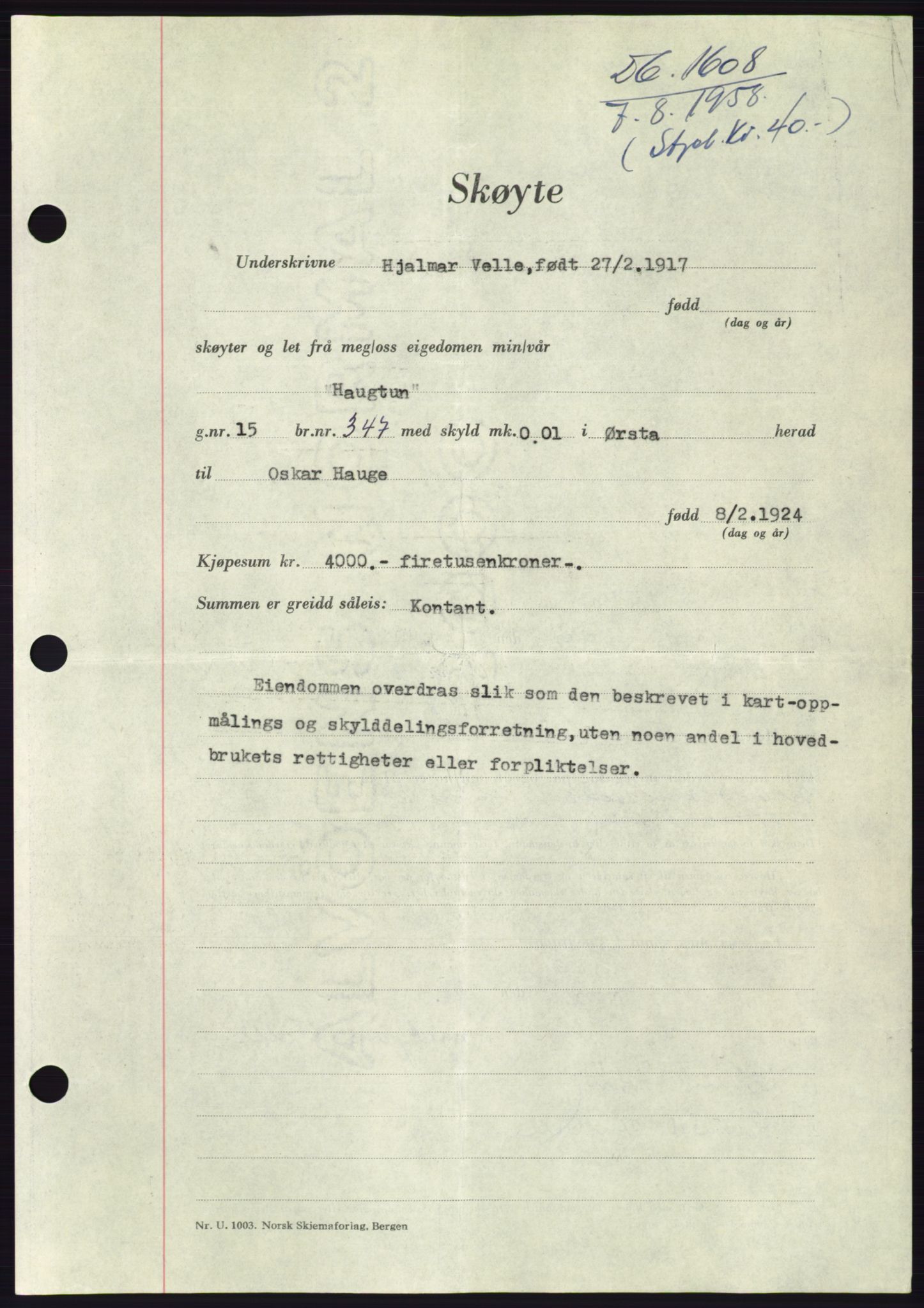 Søre Sunnmøre sorenskriveri, AV/SAT-A-4122/1/2/2C/L0110: Pantebok nr. 36A, 1958-1958, Dagboknr: 1608/1958