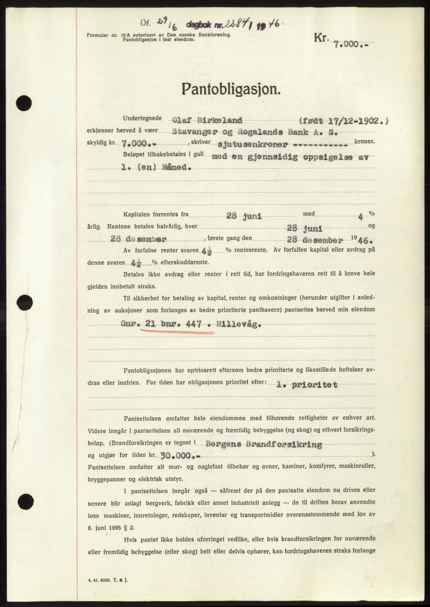 Jæren sorenskriveri, SAST/A-100310/03/G/Gba/L0090: Pantebok, 1946-1946, Dagboknr: 2284/1946