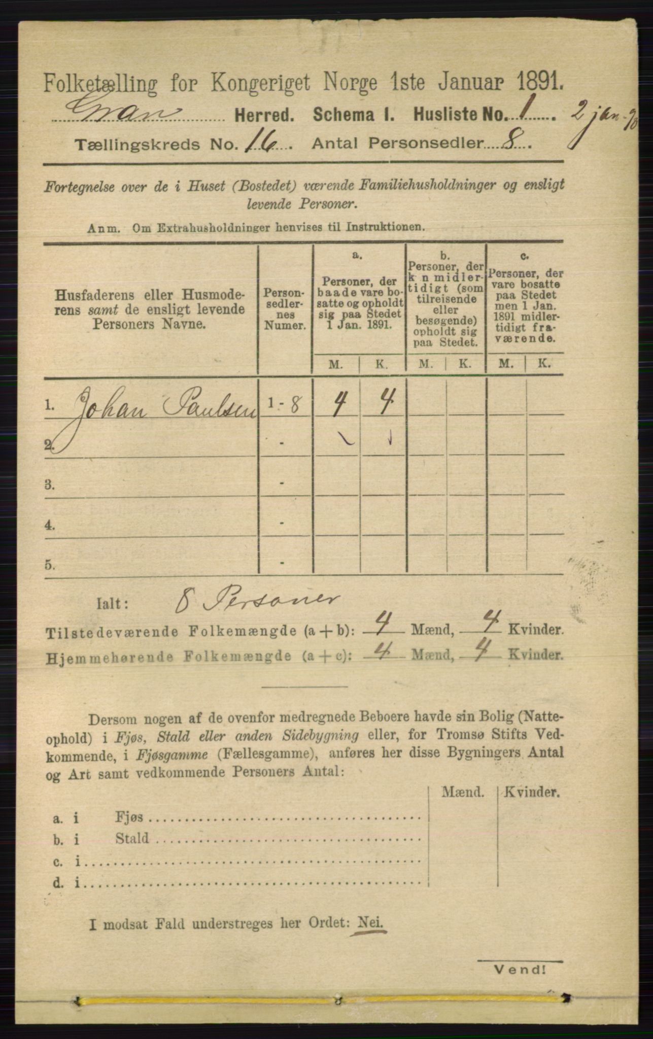 RA, Folketelling 1891 for 0534 Gran herred, 1891, s. 8011