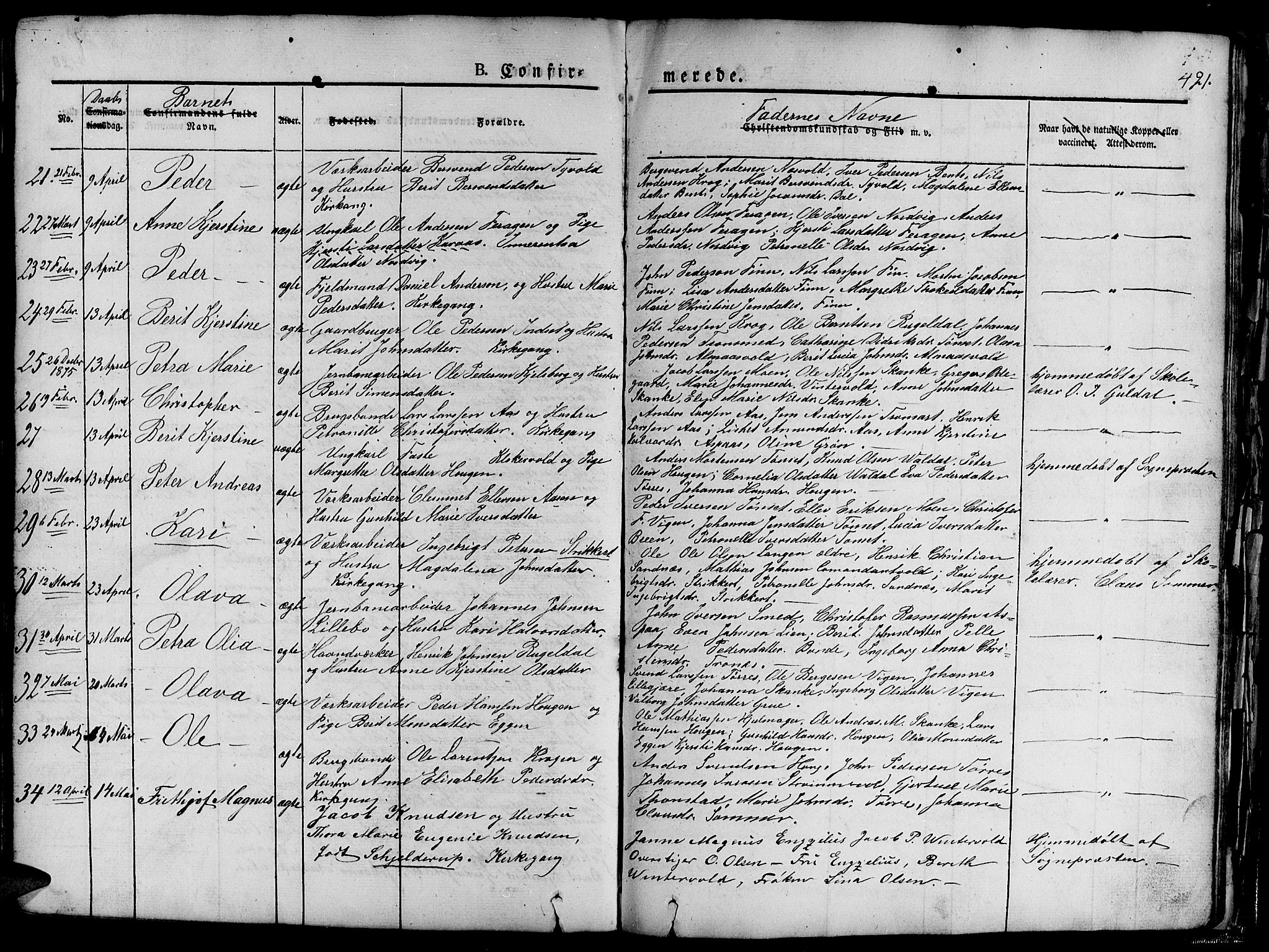 Ministerialprotokoller, klokkerbøker og fødselsregistre - Sør-Trøndelag, SAT/A-1456/681/L0938: Klokkerbok nr. 681C02, 1829-1879, s. 421