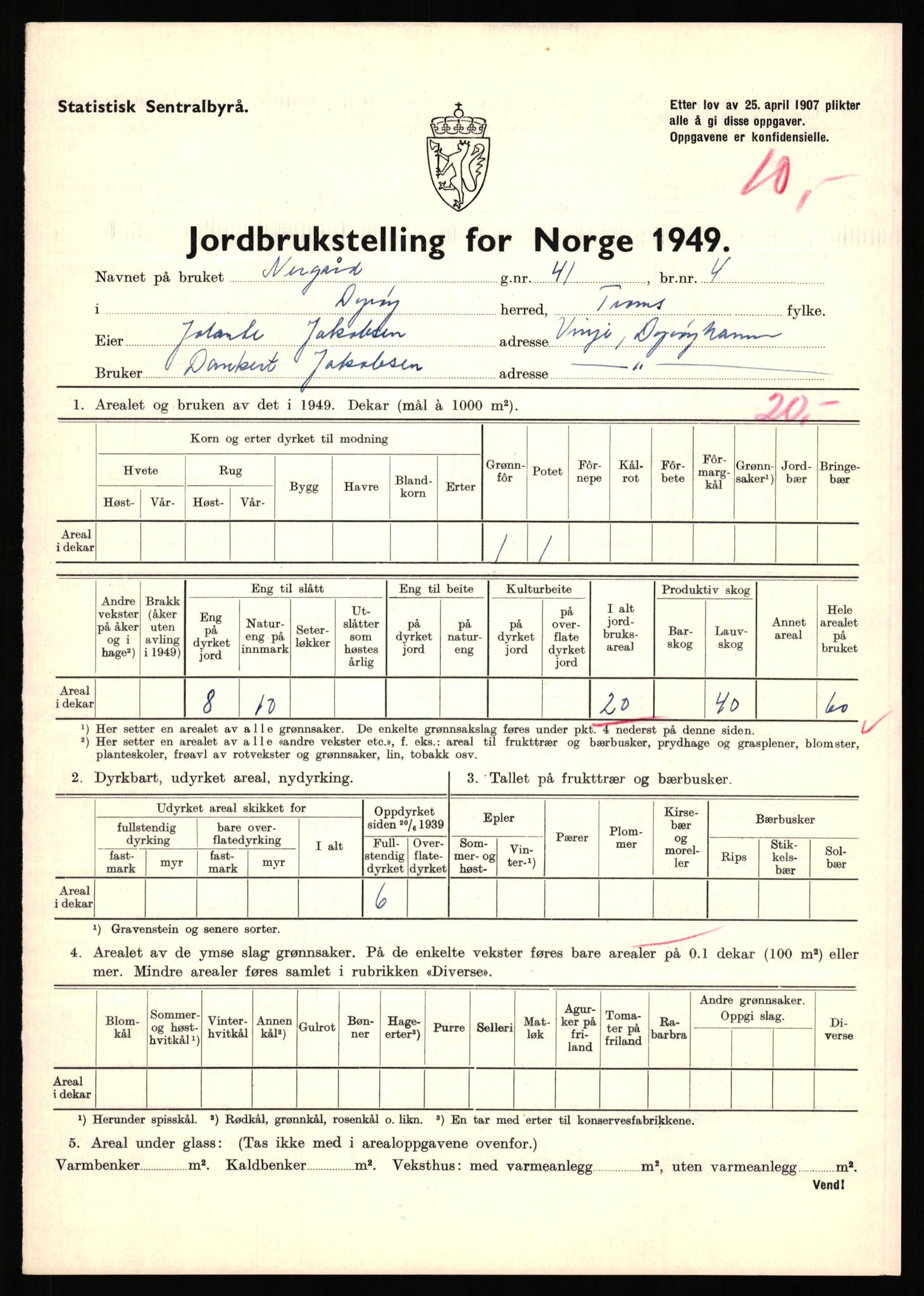 Statistisk sentralbyrå, Næringsøkonomiske emner, Jordbruk, skogbruk, jakt, fiske og fangst, AV/RA-S-2234/G/Gc/L0440: Troms: Sørreisa og Dyrøy, 1949, s. 1003