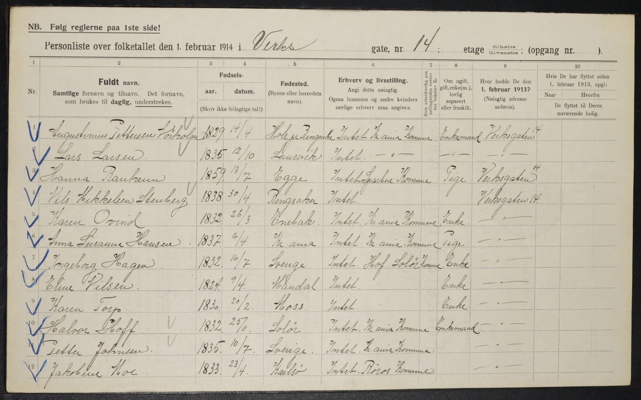 OBA, Kommunal folketelling 1.2.1914 for Kristiania, 1914, s. 123058