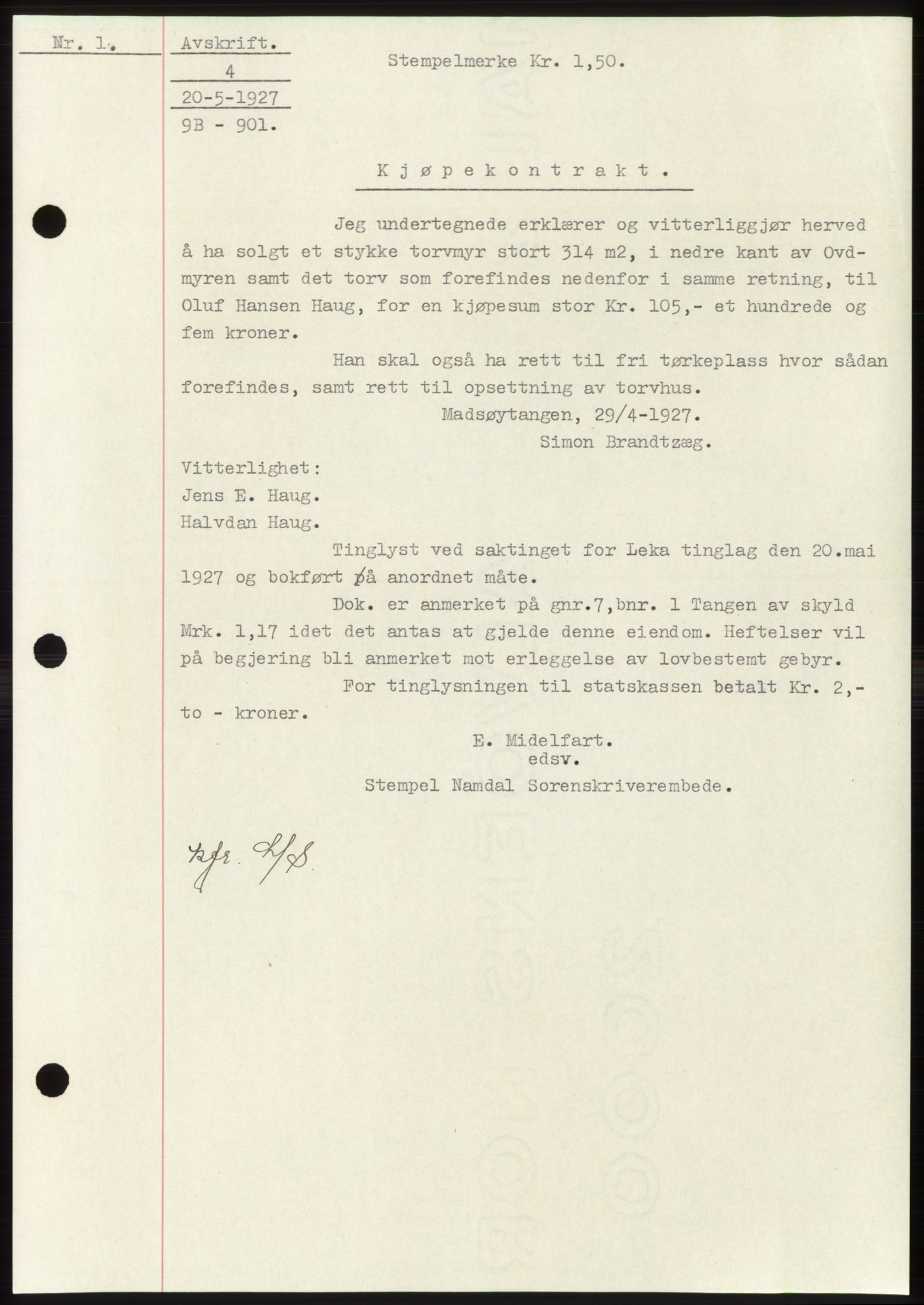 Namdal sorenskriveri, SAT/A-4133/1/2/2C: Pantebok nr. -, 1926-1930, Tingl.dato: 20.05.1927