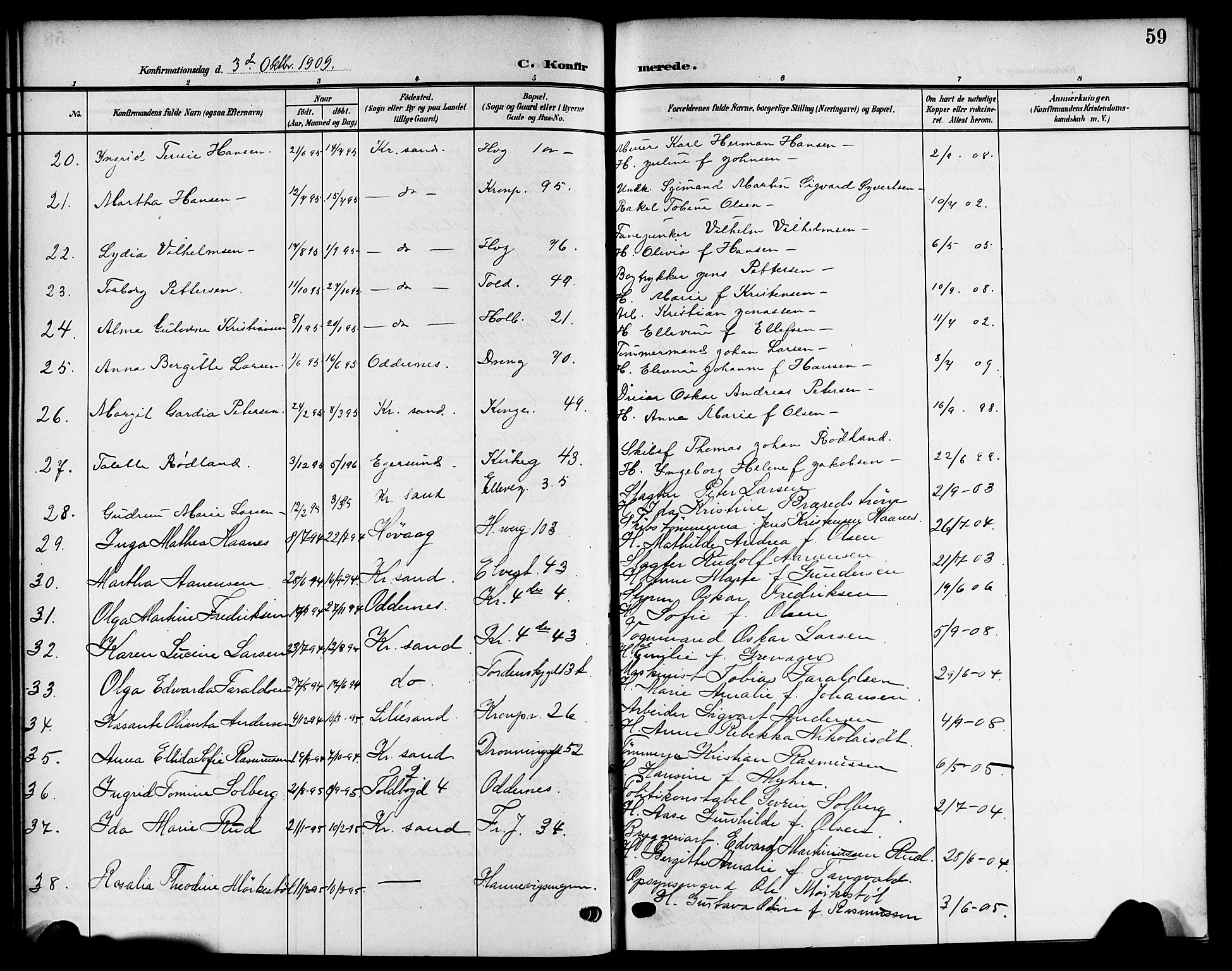 Kristiansand domprosti, AV/SAK-1112-0006/F/Fb/L0020: Klokkerbok nr. B 20, 1906-1915, s. 59