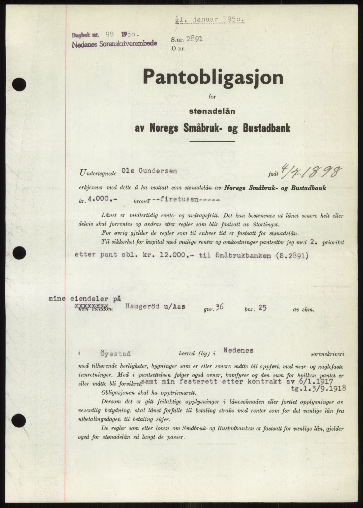 Nedenes sorenskriveri, AV/SAK-1221-0006/G/Gb/Gbb/L0007: Pantebok nr. B7, 1949-1950, Dagboknr: 98/1950