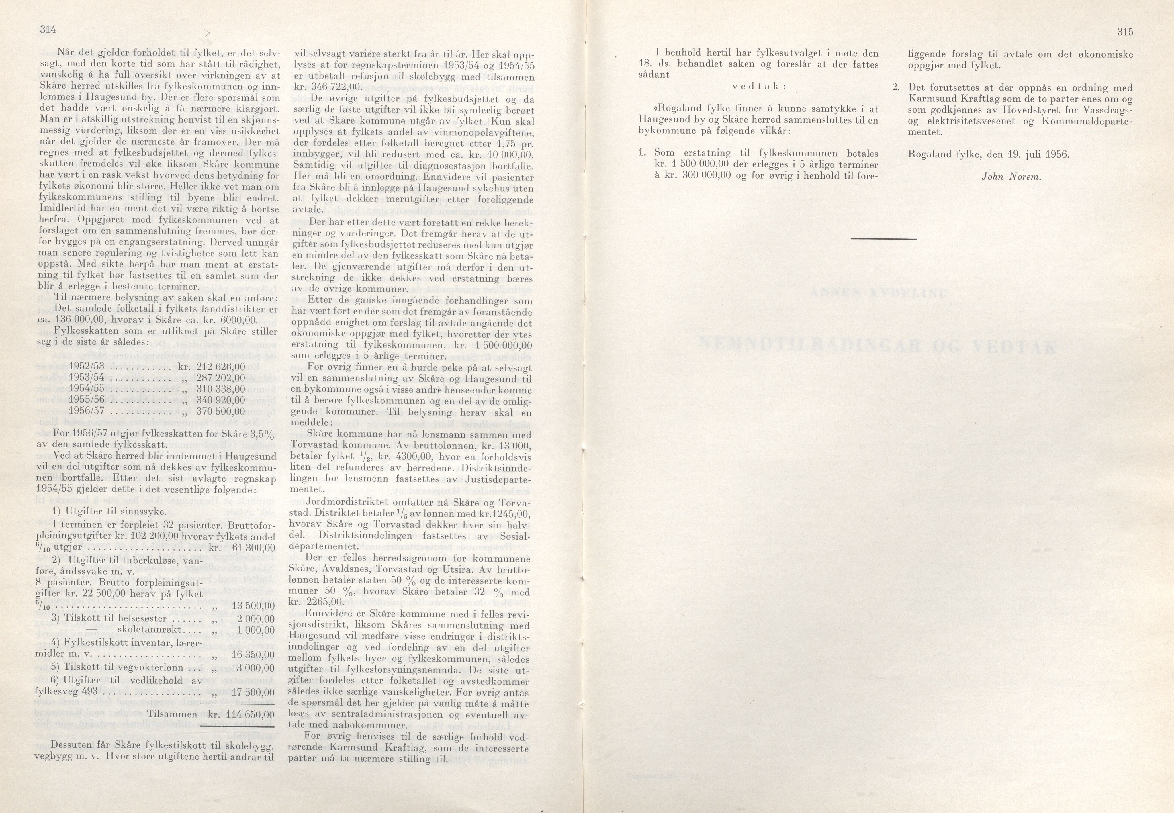 Rogaland fylkeskommune - Fylkesrådmannen , IKAR/A-900/A/Aa/Aaa/L0075: Møtebok , 1956, s. 314-315