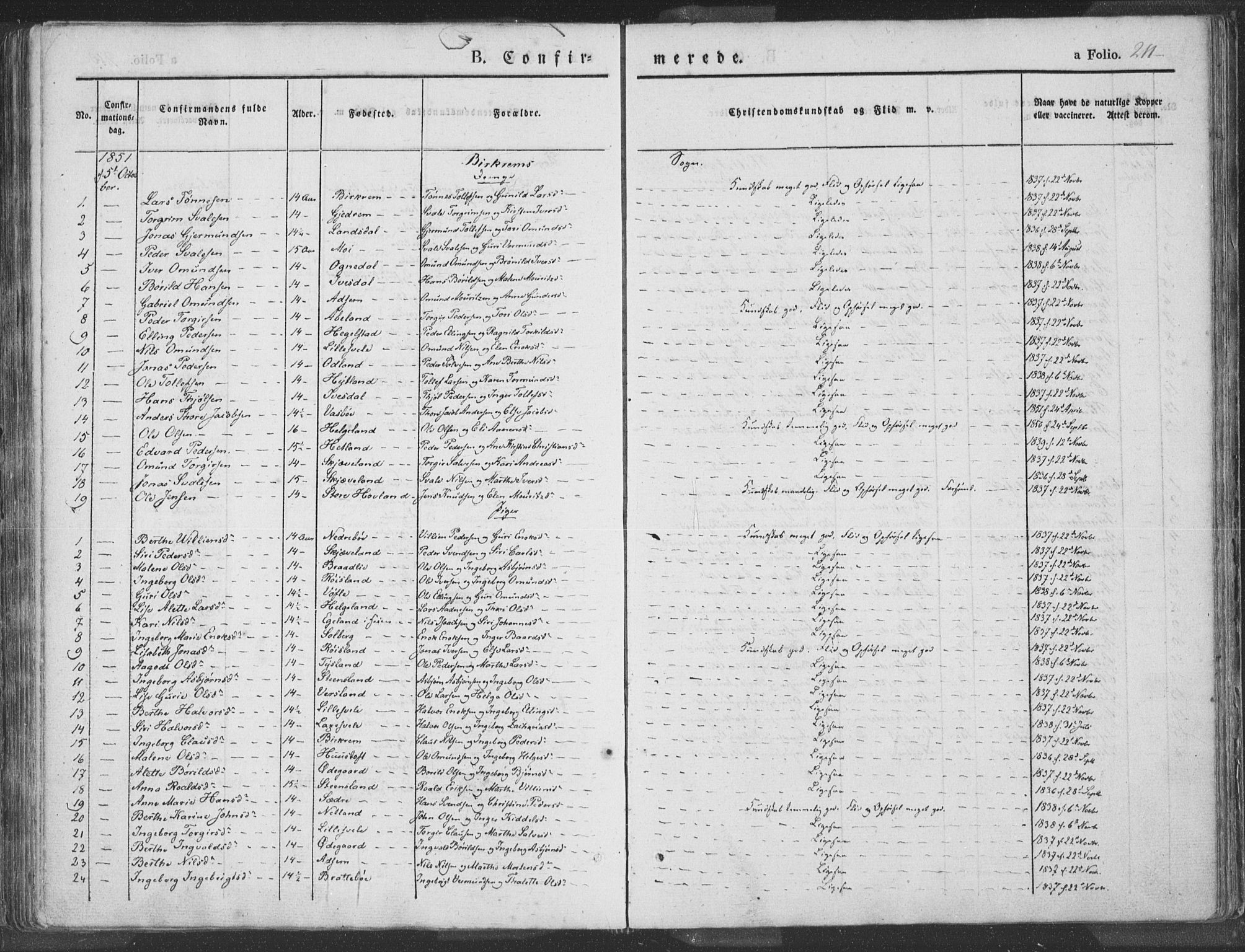 Helleland sokneprestkontor, SAST/A-101810: Ministerialbok nr. A 6.1, 1834-1863, s. 211