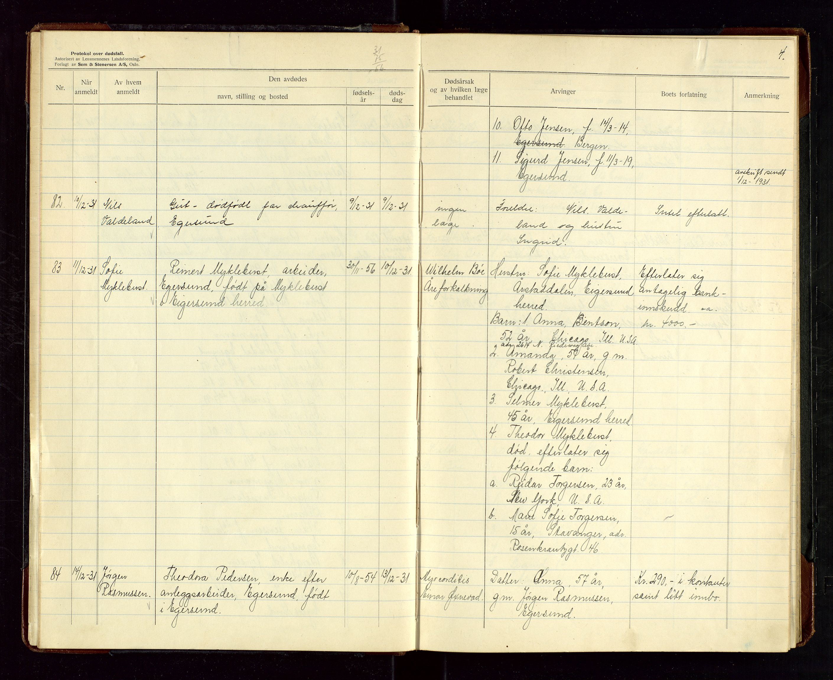 Eigersund lensmannskontor, SAST/A-100171/Gga/L0012: "Protokoll over anmeldte dødsfall" m/alfabetisk navneregister, 1931-1934, s. 4