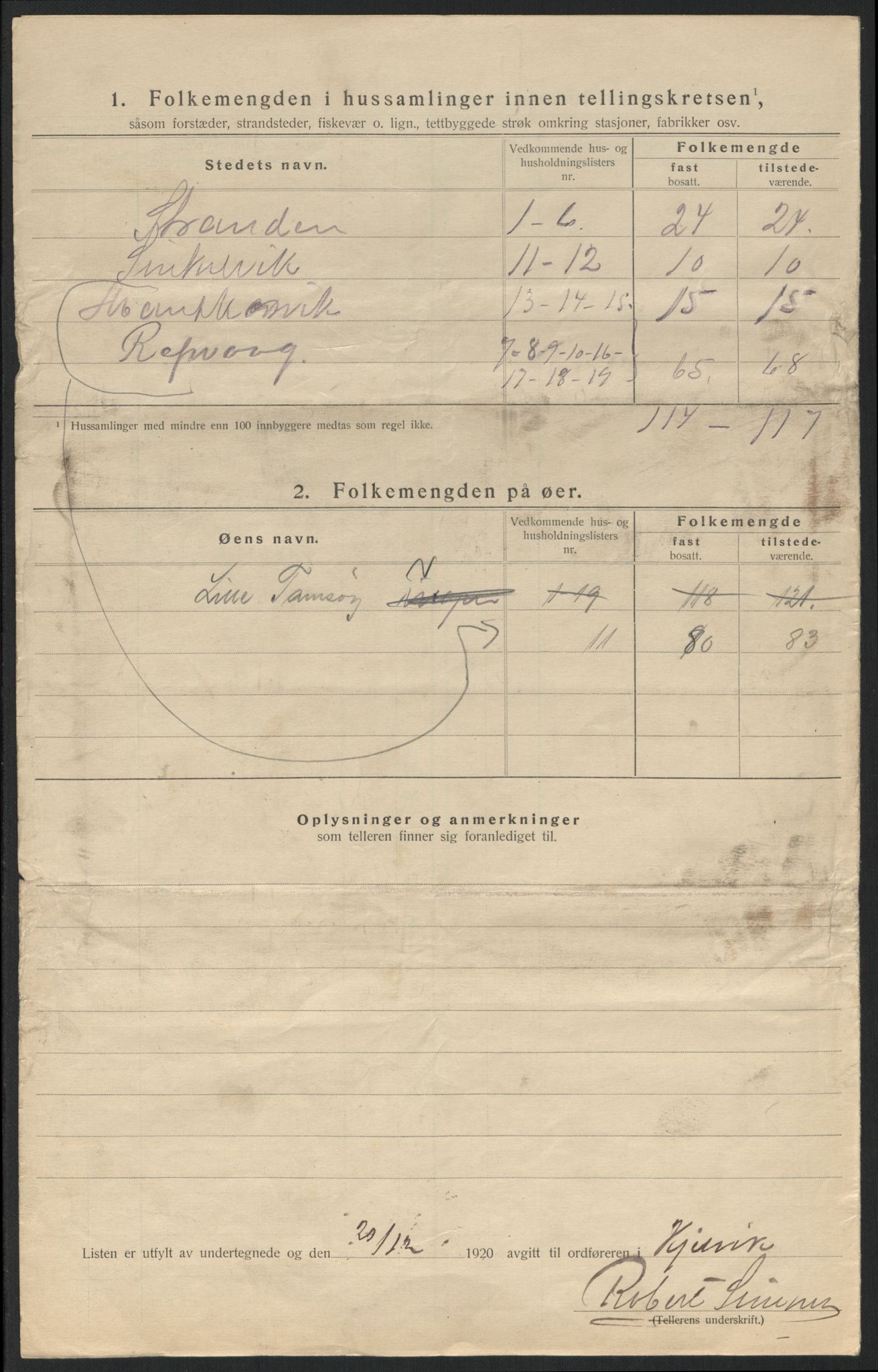 SATØ, Folketelling 1920 for 2019 Kjelvik herred, 1920, s. 9