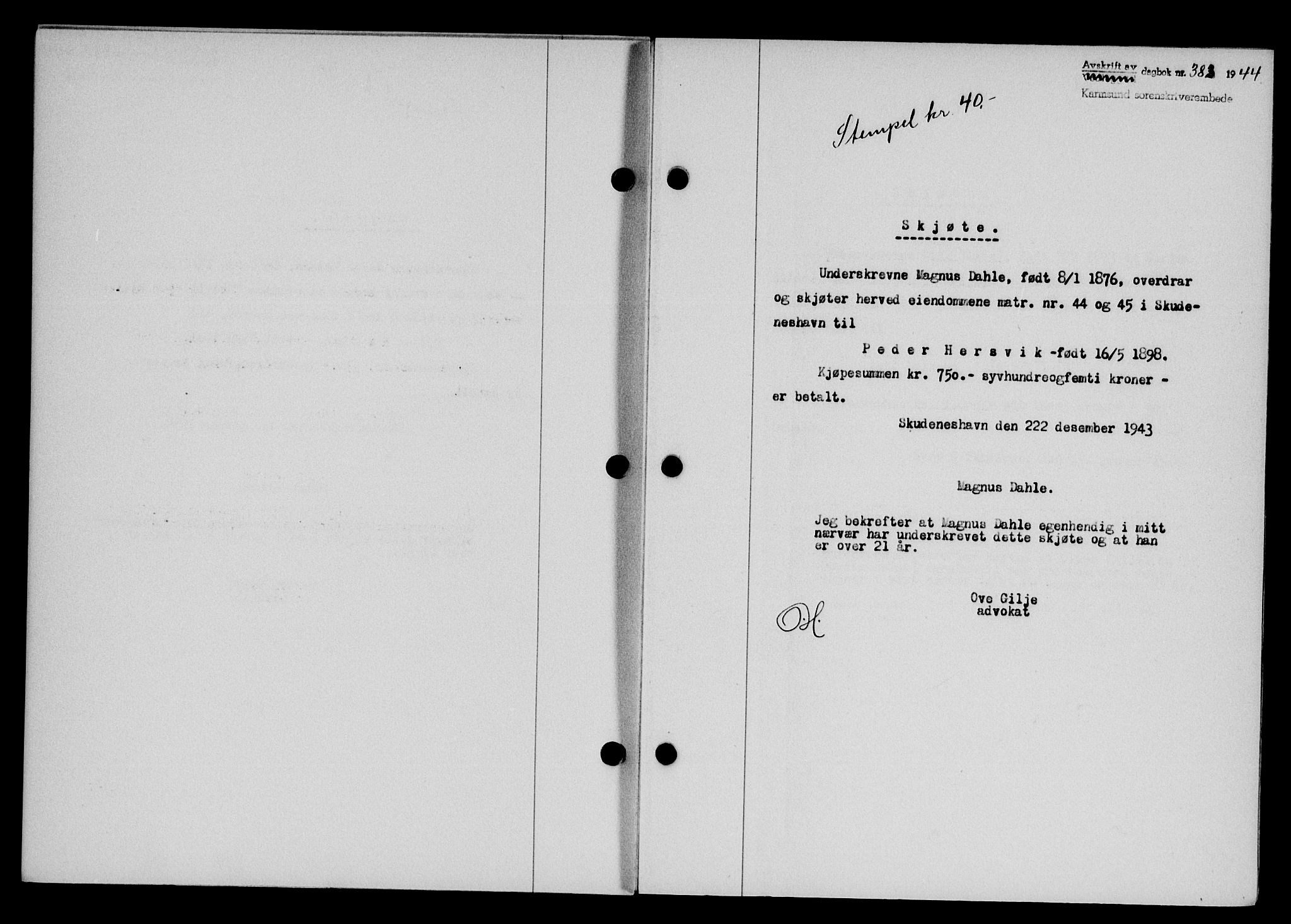 Karmsund sorenskriveri, SAST/A-100311/01/II/IIB/L0081: Pantebok nr. 62A, 1943-1944, Dagboknr: 383/1944