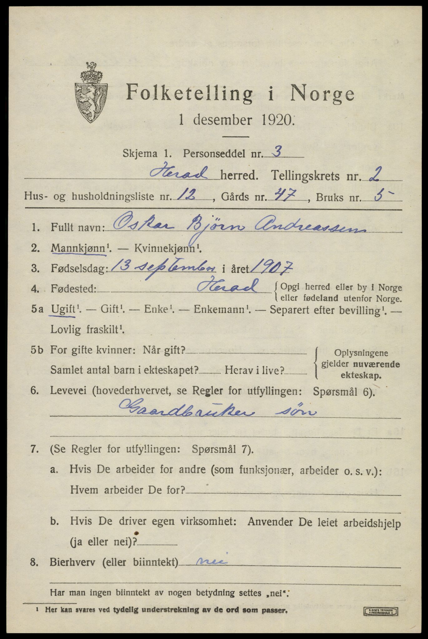 SAK, Folketelling 1920 for 1039 Herad herred, 1920, s. 1156