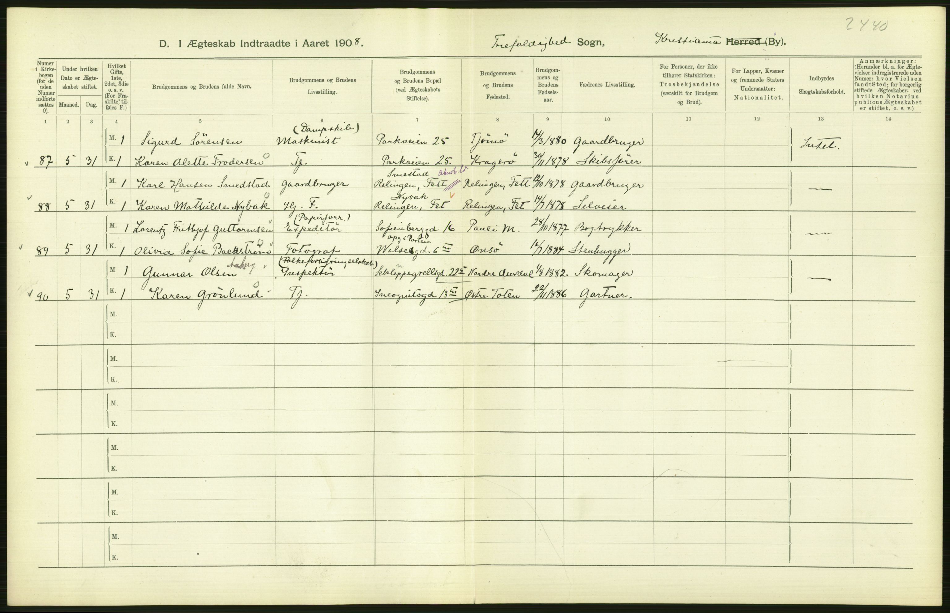 Statistisk sentralbyrå, Sosiodemografiske emner, Befolkning, AV/RA-S-2228/D/Df/Dfa/Dfaf/L0007: Kristiania: Gifte, 1908, s. 420