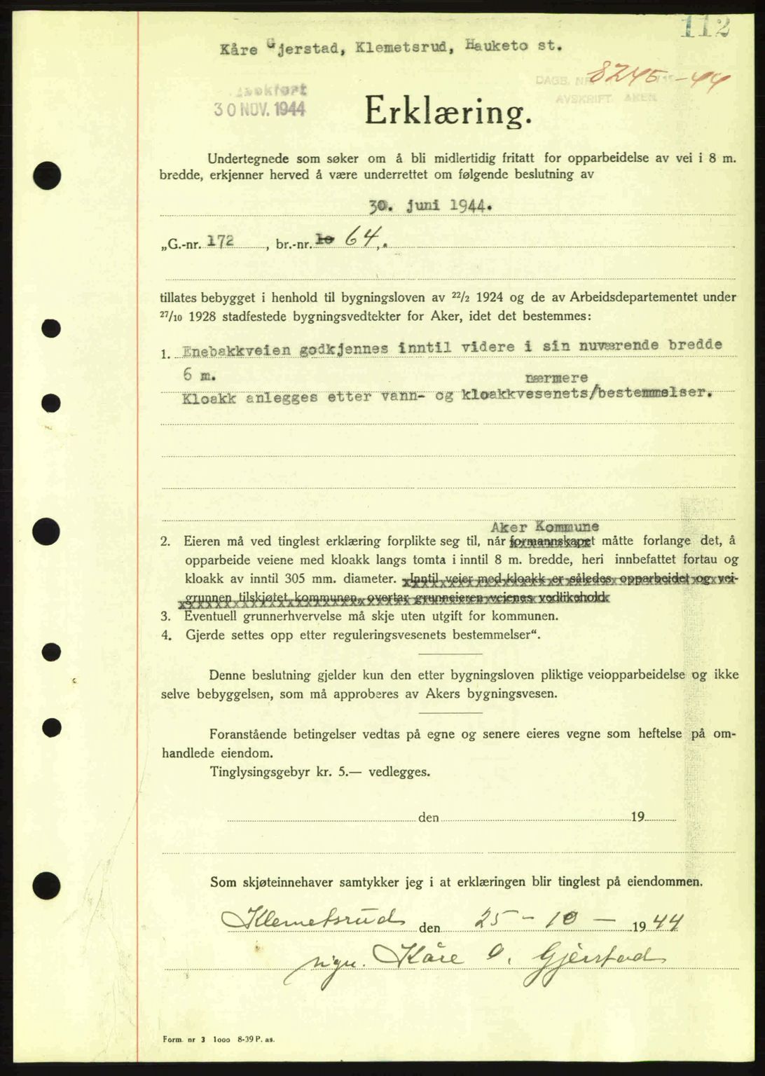 Aker herredsskriveri, SAO/A-10896/G/Gb/Gba/Gbac/L0035: Pantebok nr. B200-201, 1944-1944, Dagboknr: 8245/1944
