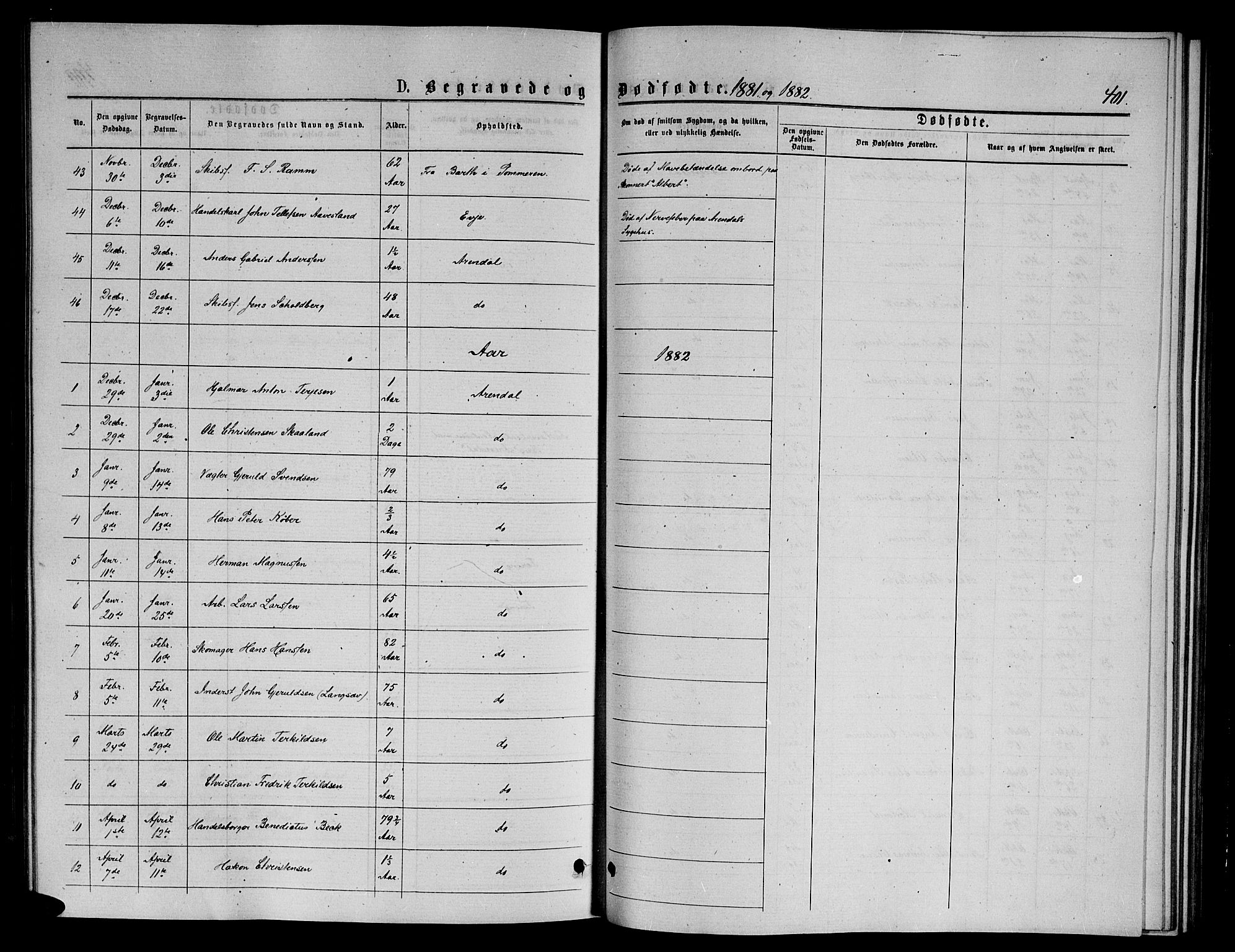 Arendal sokneprestkontor, Trefoldighet, SAK/1111-0040/F/Fb/L0005: Klokkerbok nr. B 5, 1874-1888, s. 401