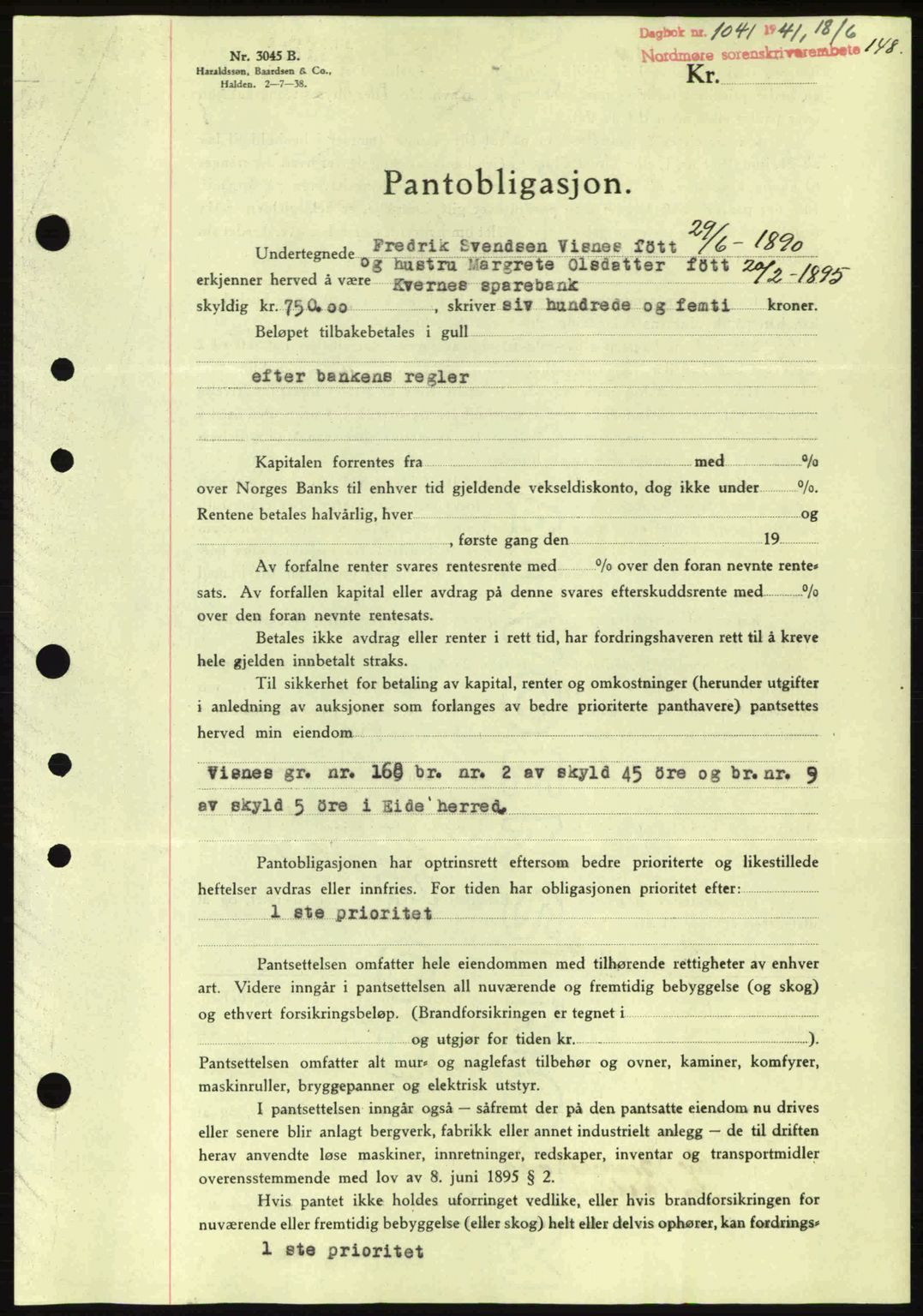 Nordmøre sorenskriveri, SAT/A-4132/1/2/2Ca: Pantebok nr. B88, 1941-1942, Dagboknr: 1041/1941