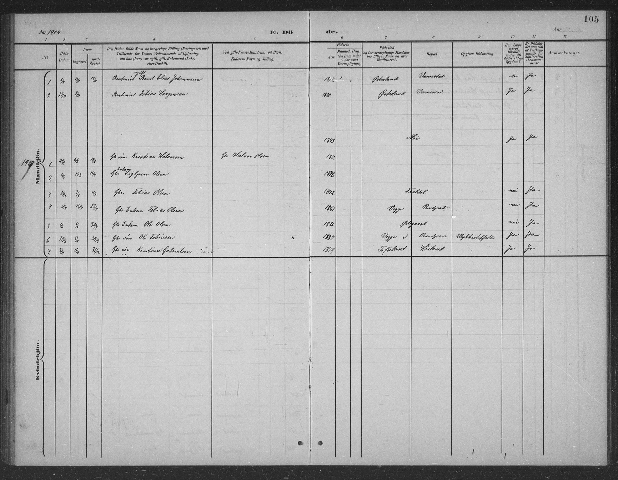 Lyngdal sokneprestkontor, SAK/1111-0029/F/Fb/Fbb/L0002: Klokkerbok nr. B 2, 1901-1934, s. 105