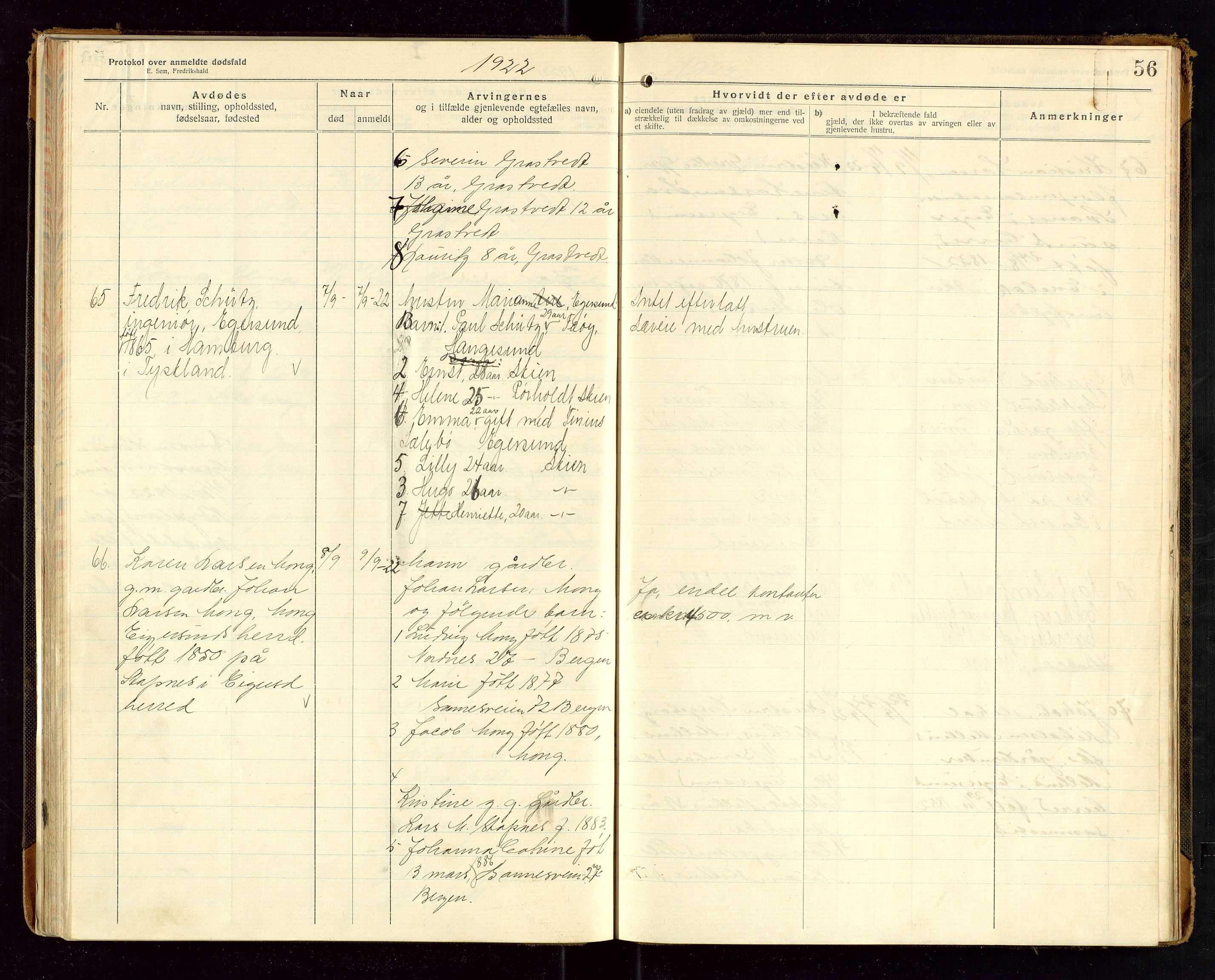 Eigersund lensmannskontor, SAST/A-100171/Gga/L0008: "Protokol over anmeldte dødsfald" m/alfabetisk navneregister, 1920-1922, s. 56