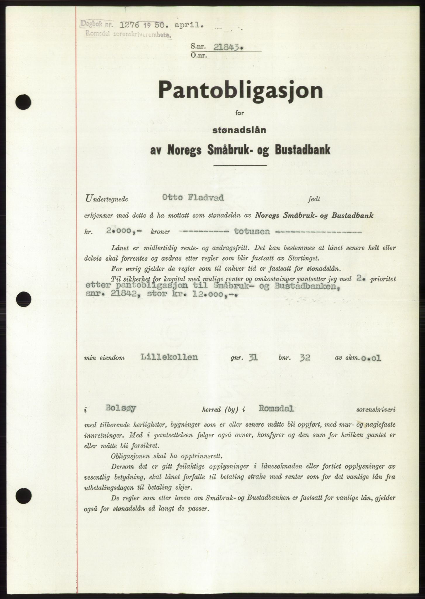 Romsdal sorenskriveri, AV/SAT-A-4149/1/2/2C: Pantebok nr. B5, 1949-1950, Dagboknr: 1276/1950