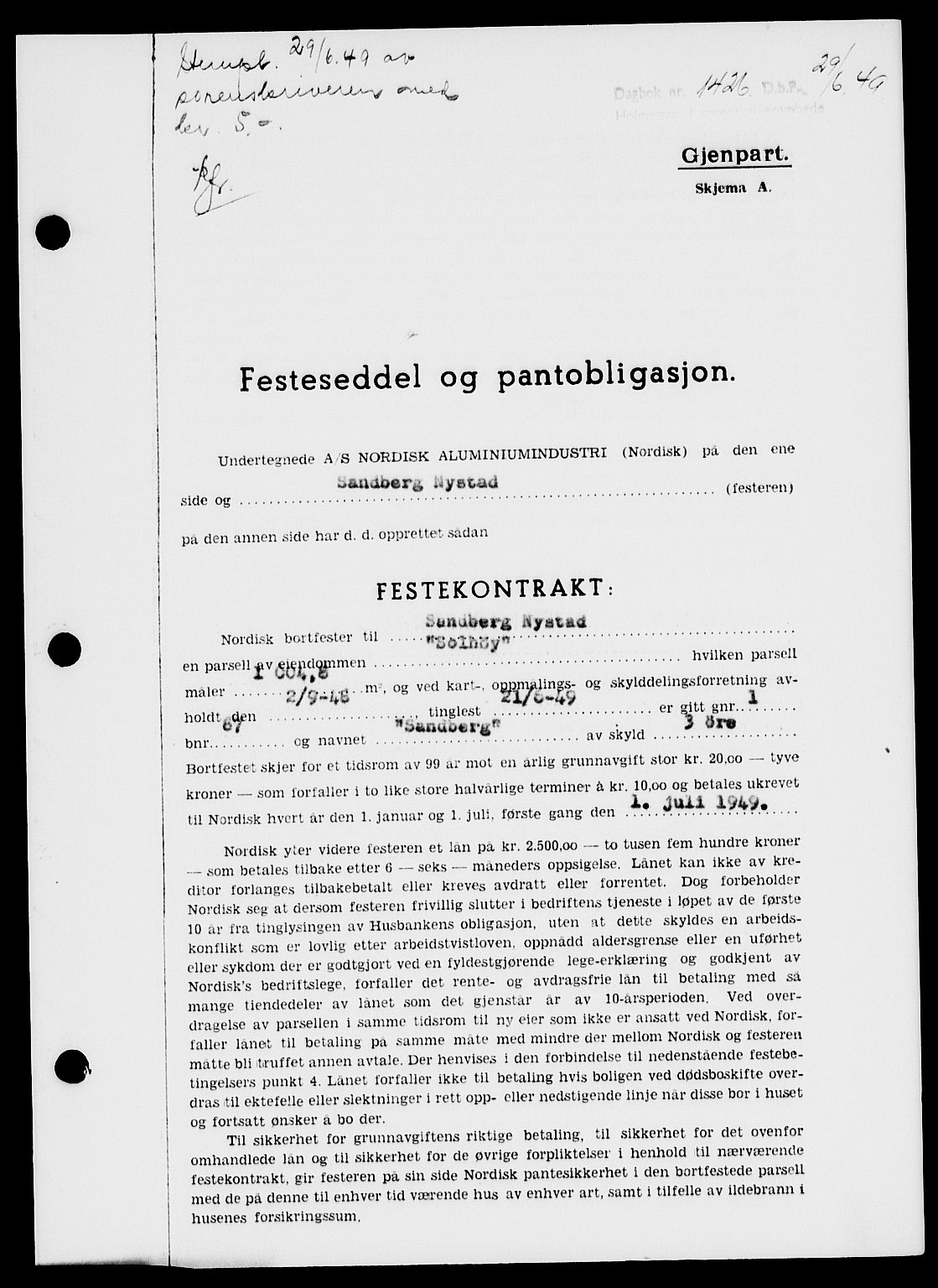 Holmestrand sorenskriveri, SAKO/A-67/G/Ga/Gaa/L0067: Pantebok nr. A-67, 1949-1949, Dagboknr: 1426/1949