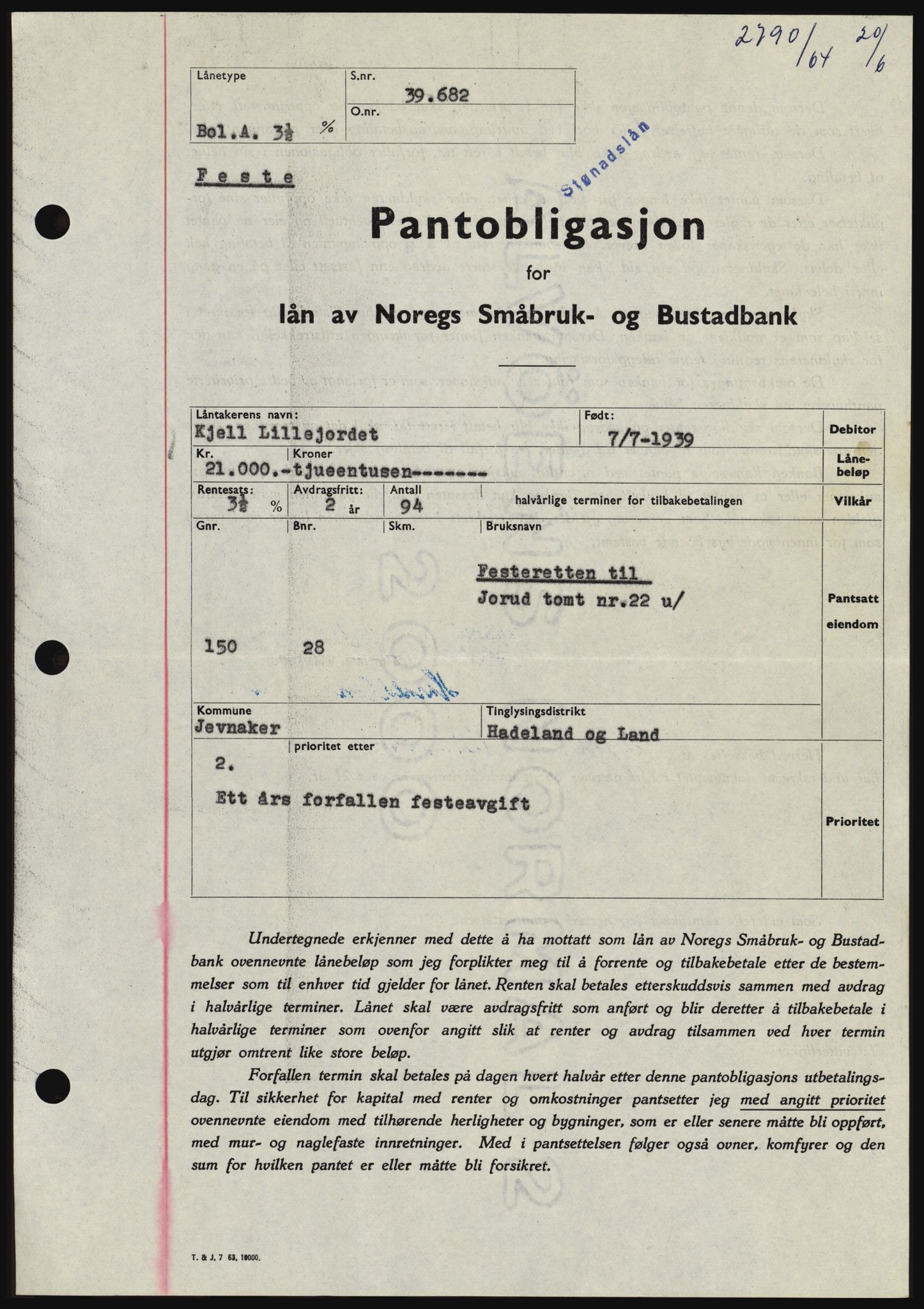 Hadeland og Land tingrett, SAH/TING-010/H/Hb/Hbc/L0055: Pantebok nr. B55, 1964-1964, Dagboknr: 2790/1964