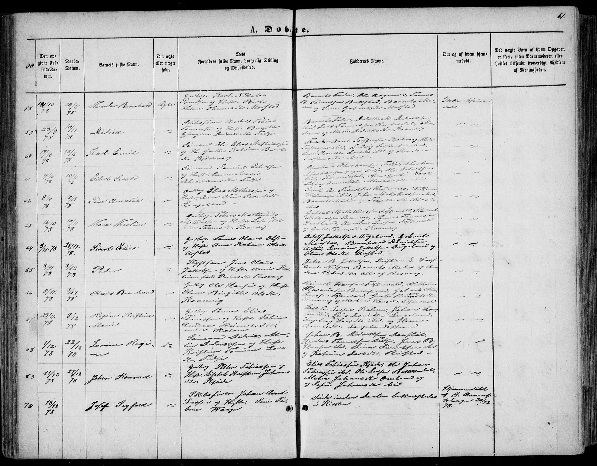 Flekkefjord sokneprestkontor, SAK/1111-0012/F/Fb/Fbb/L0003: Klokkerbok nr. B 3, 1867-1889, s. 61