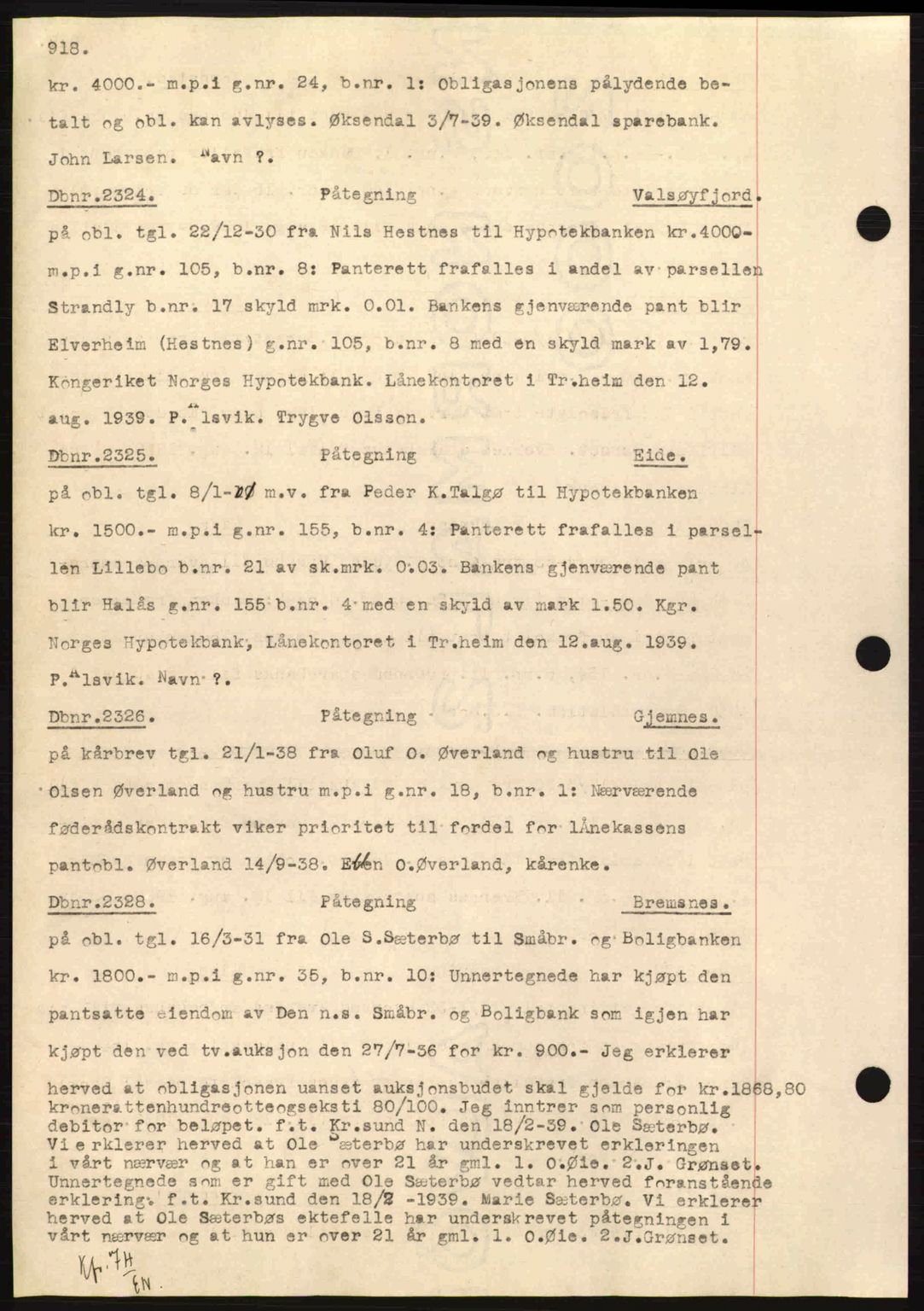 Nordmøre sorenskriveri, SAT/A-4132/1/2/2Ca: Pantebok nr. C80, 1936-1939, Dagboknr: 2324/1939