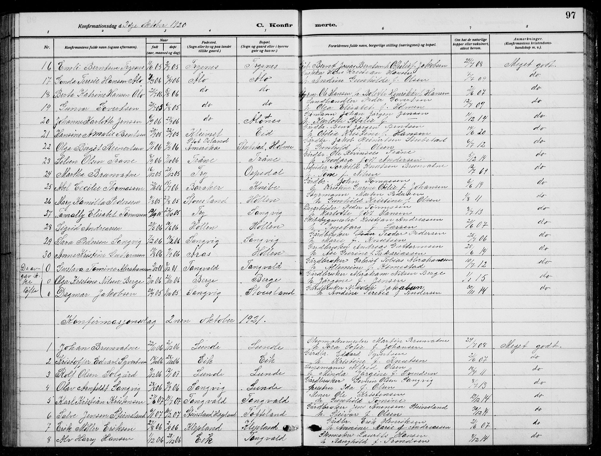 Søgne sokneprestkontor, AV/SAK-1111-0037/F/Fb/Fbb/L0007: Klokkerbok nr. B 7, 1912-1931, s. 97