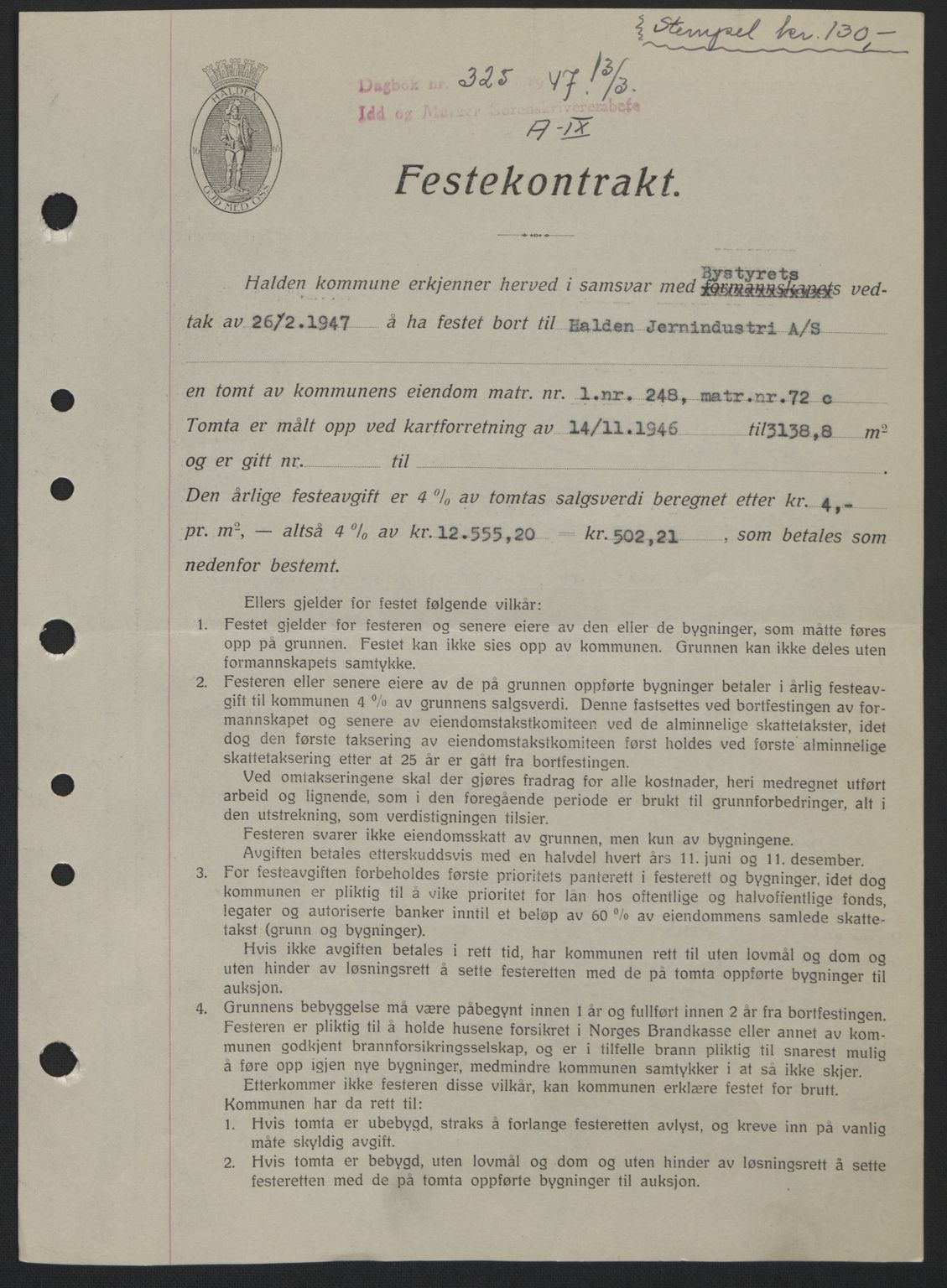 Idd og Marker sorenskriveri, SAO/A-10283/G/Gb/Gbb/L0009: Pantebok nr. A9, 1946-1947, Dagboknr: 325/1947