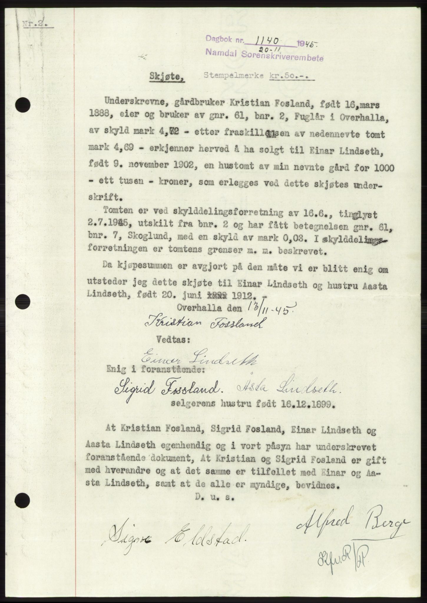 Namdal sorenskriveri, SAT/A-4133/1/2/2C: Pantebok nr. -, 1944-1945, Dagboknr: 1140/1945