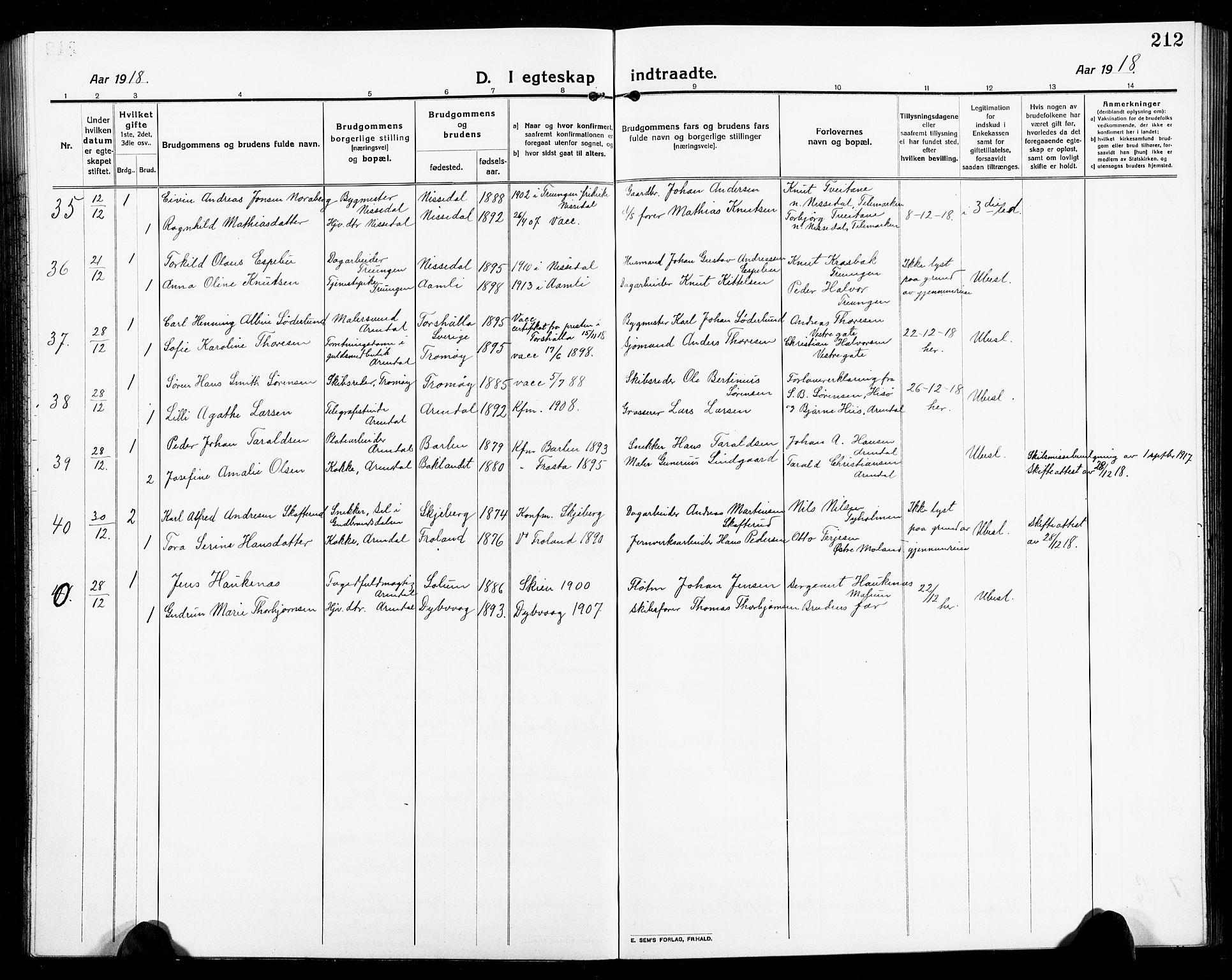 Arendal sokneprestkontor, Trefoldighet, AV/SAK-1111-0040/F/Fb/L0007: Klokkerbok nr. B 7, 1916-1927, s. 212