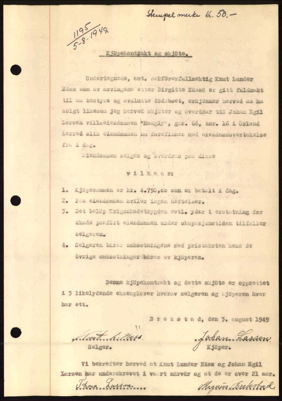 Fosen sorenskriveri, AV/SAT-A-1107/1/2/2C: Pantebok nr. A10, 1949-1950, Dagboknr: 1195/1949