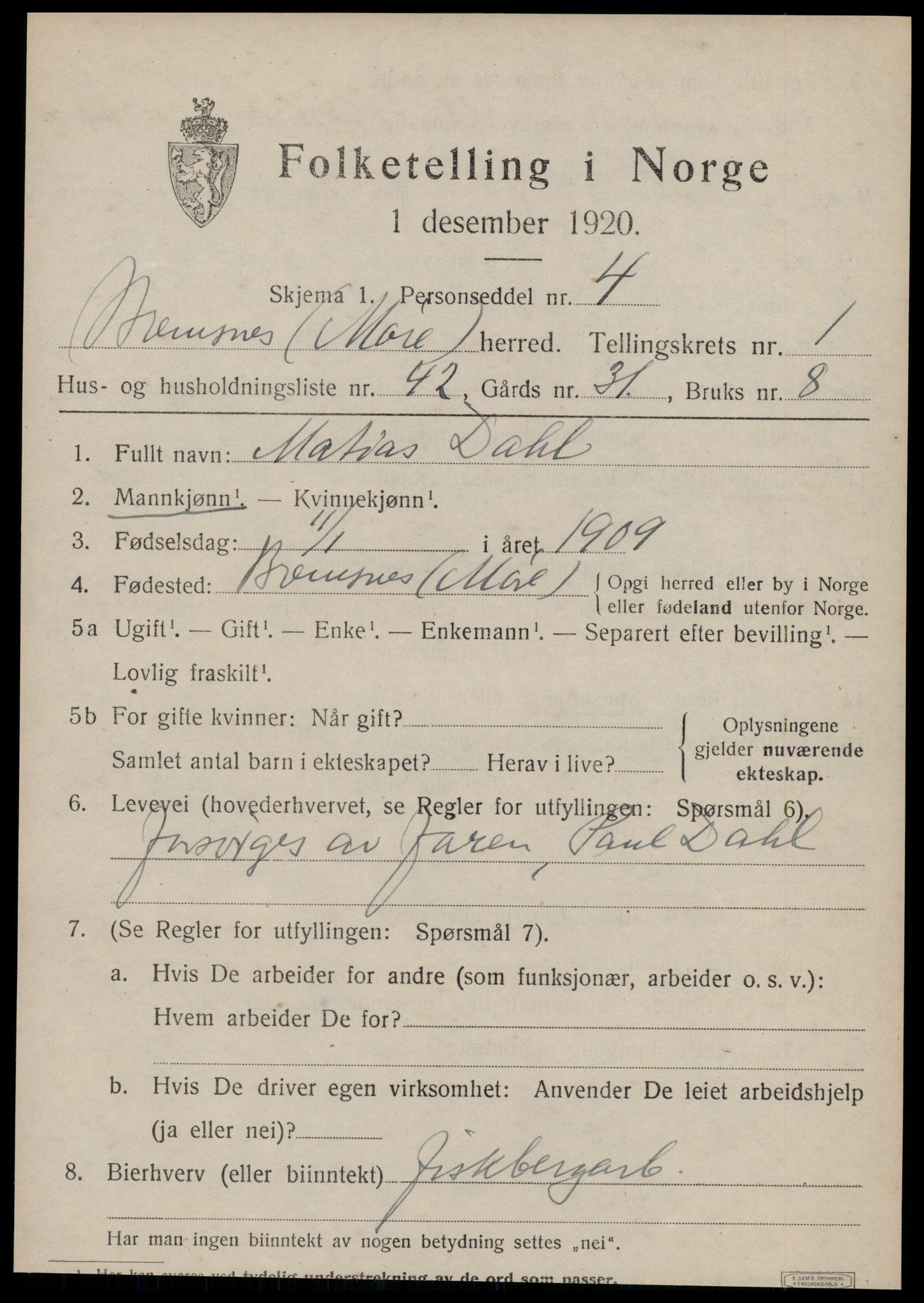 SAT, Folketelling 1920 for 1554 Bremsnes herred, 1920, s. 2019