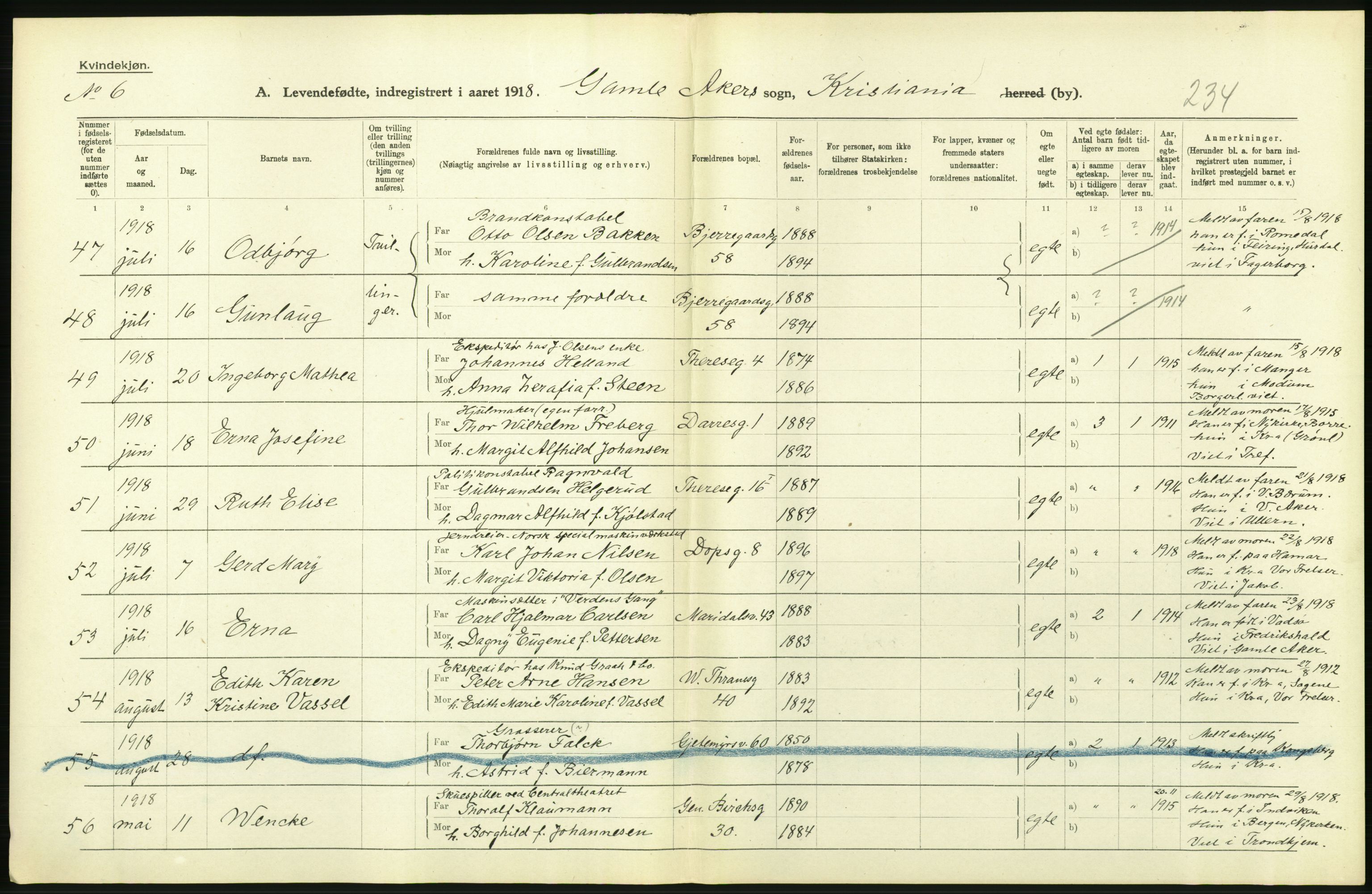 Statistisk sentralbyrå, Sosiodemografiske emner, Befolkning, RA/S-2228/D/Df/Dfb/Dfbh/L0007: Kristiania: Levendefødte menn og kvinner., 1918, s. 346