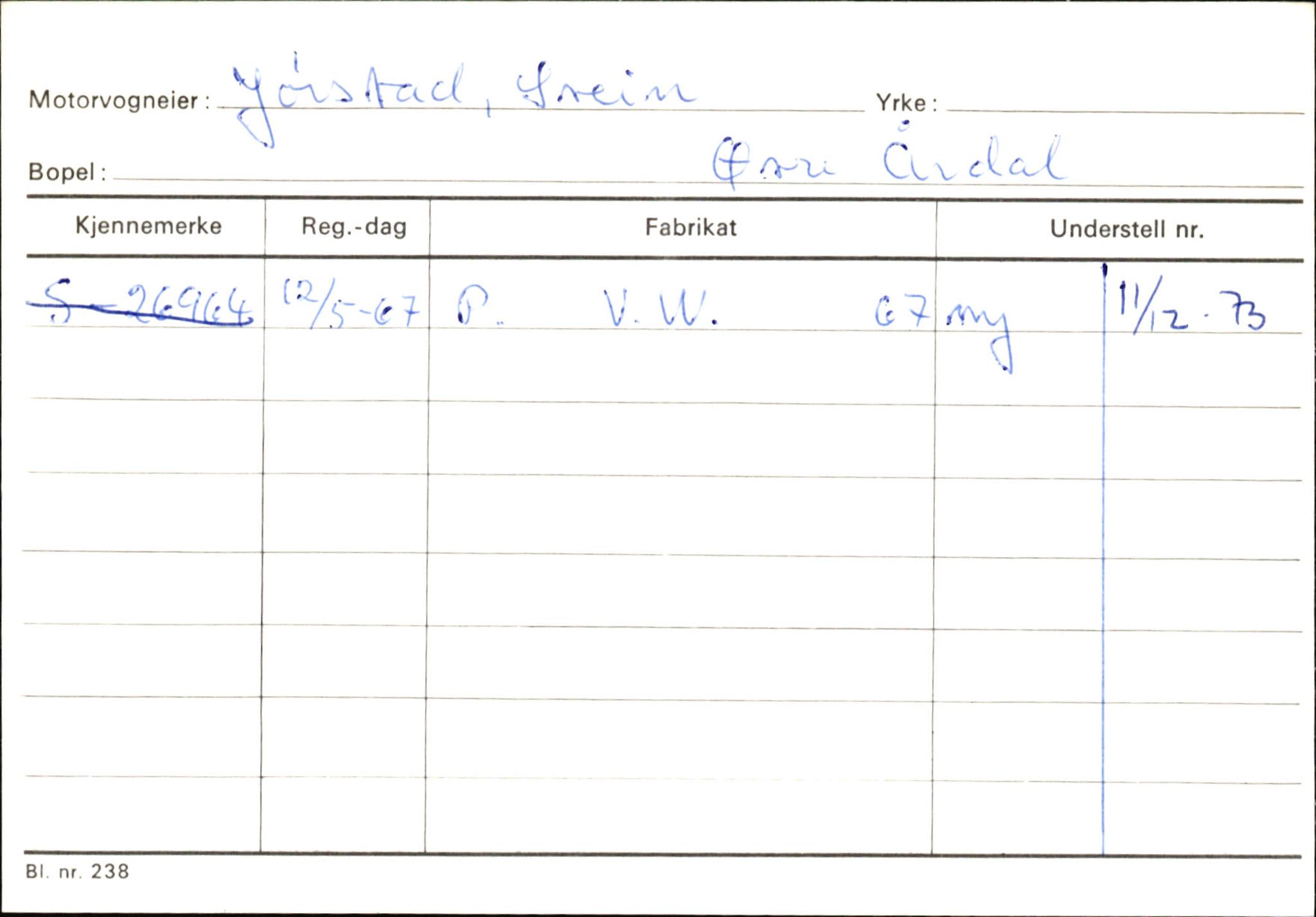 Statens vegvesen, Sogn og Fjordane vegkontor, SAB/A-5301/4/F/L0145: Registerkort Vågsøy S-Å. Årdal I-P, 1945-1975, s. 1054