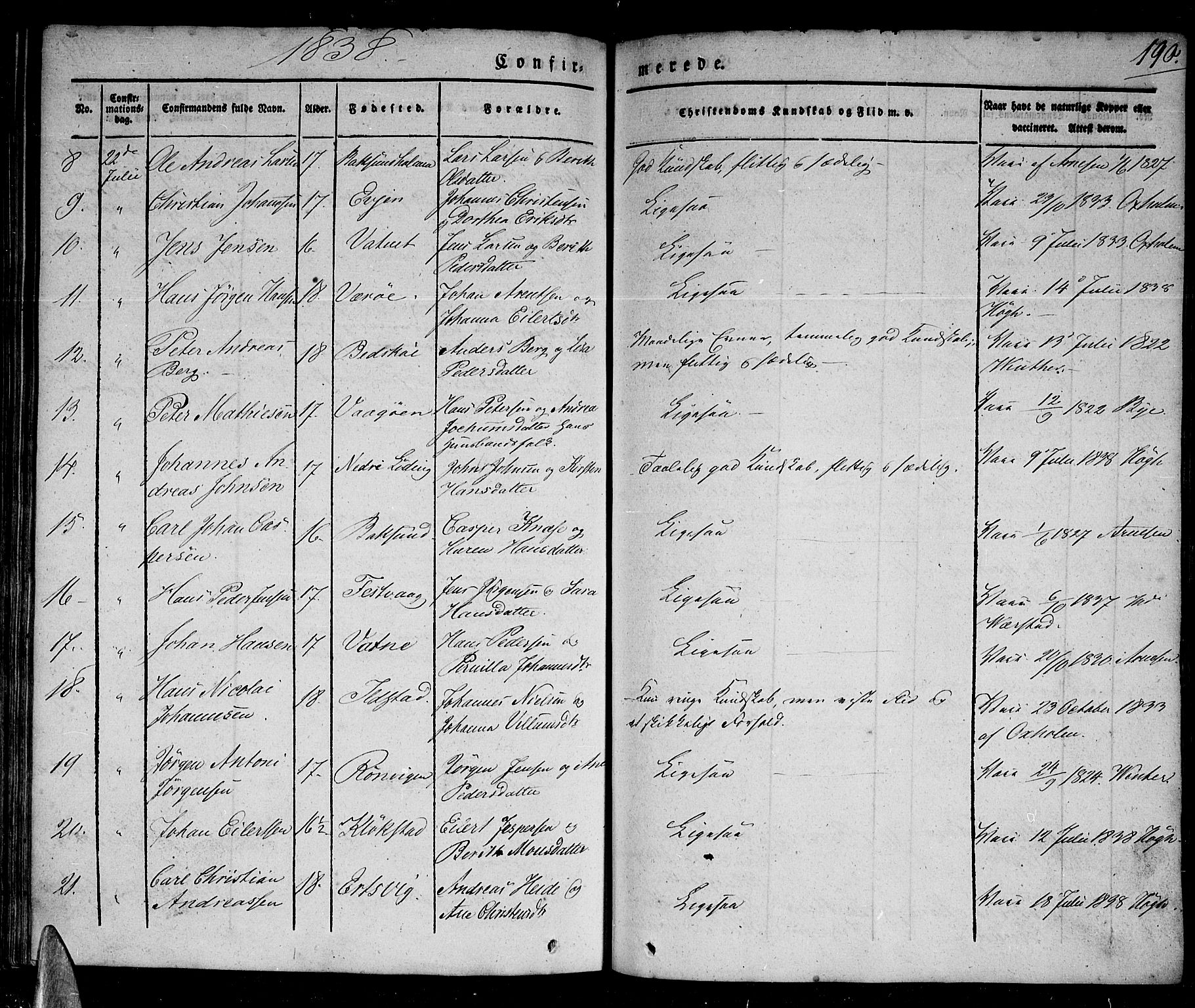 Ministerialprotokoller, klokkerbøker og fødselsregistre - Nordland, AV/SAT-A-1459/801/L0006: Ministerialbok nr. 801A06, 1834-1845, s. 190