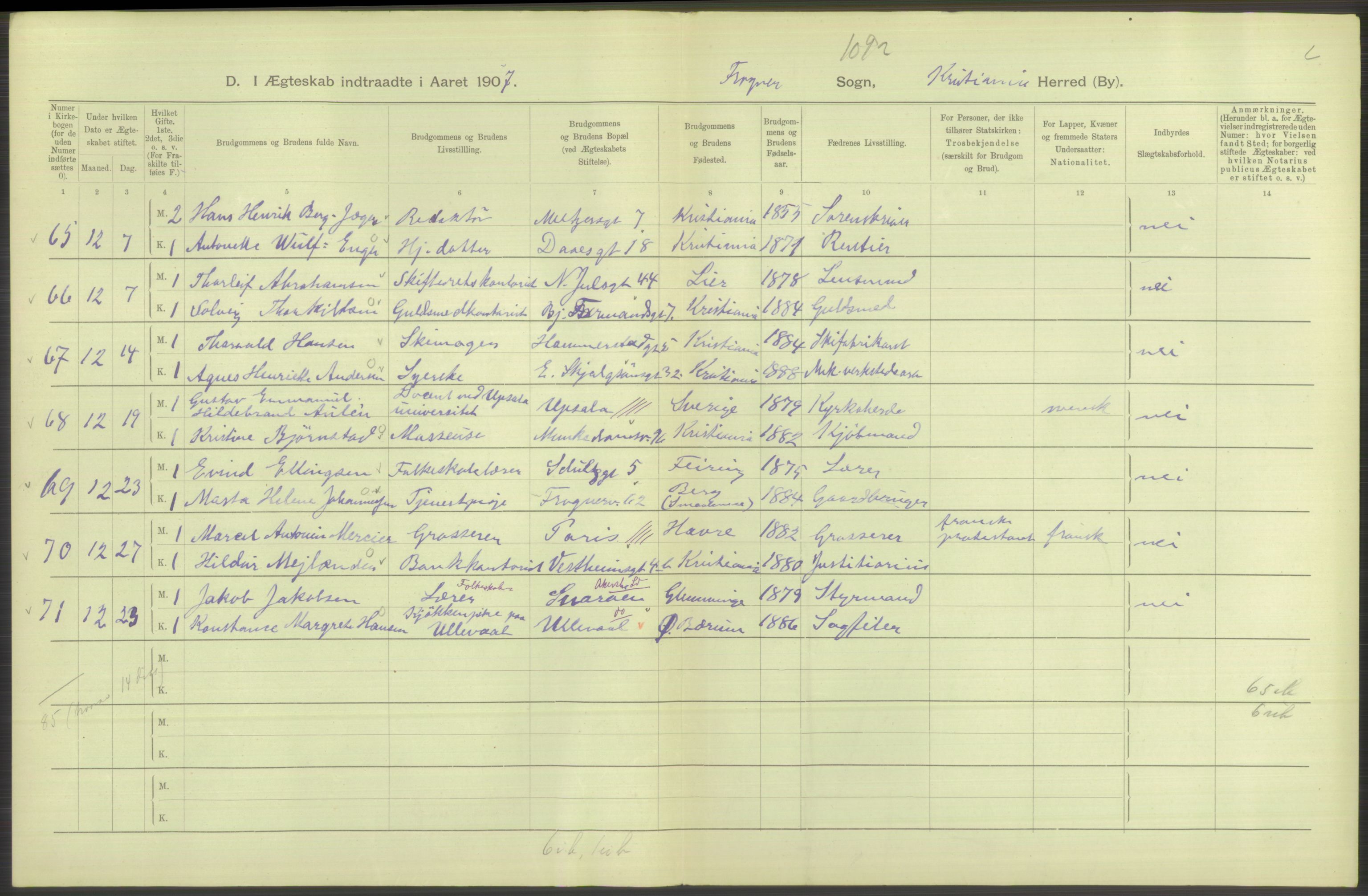 Statistisk sentralbyrå, Sosiodemografiske emner, Befolkning, AV/RA-S-2228/D/Df/Dfa/Dfae/L0008: Kristiania: Gifte, 1907, s. 570