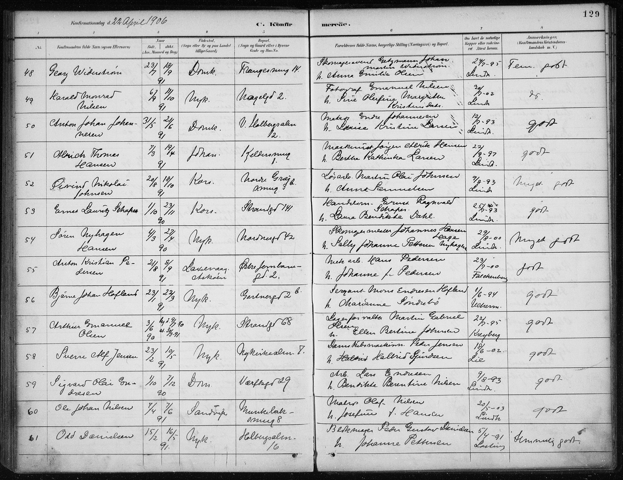 Nykirken Sokneprestembete, AV/SAB-A-77101/H/Haa/L0027: Ministerialbok nr. C 6, 1886-1913, s. 129