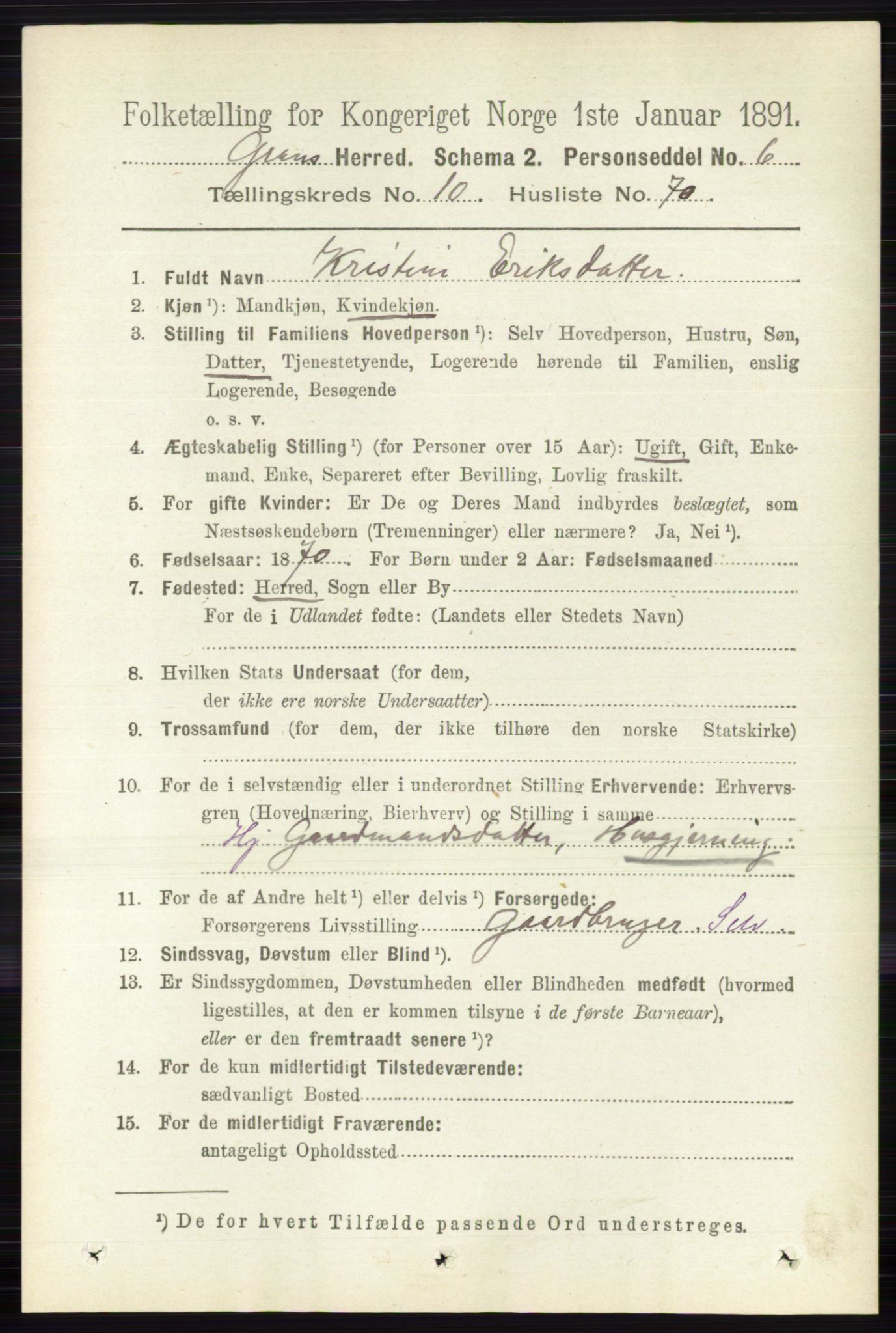 RA, Folketelling 1891 for 0534 Gran herred, 1891, s. 5052