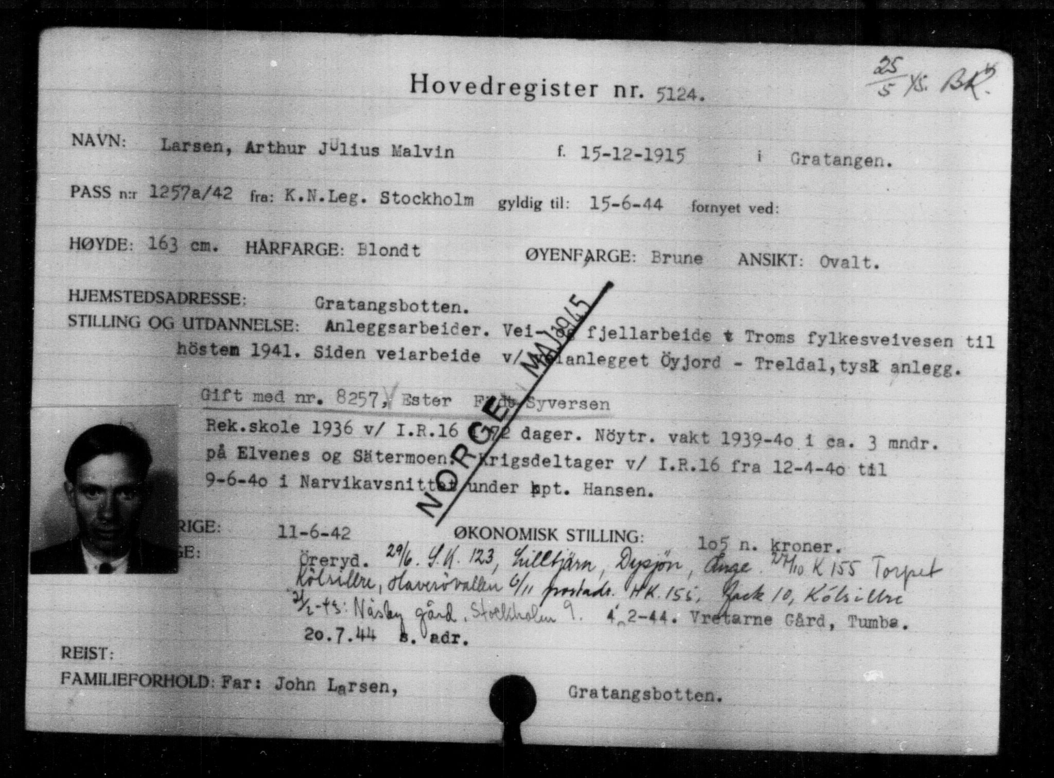 Utenriksstasjonene, Legasjonen i Stockholm, Flyktningkontoret, AV/RA-S-6753/V/Va/L0004: Kjesäterkartoteket, flyktninger med registreringsnr. 3496-6610, 1940-1945, s. 1918