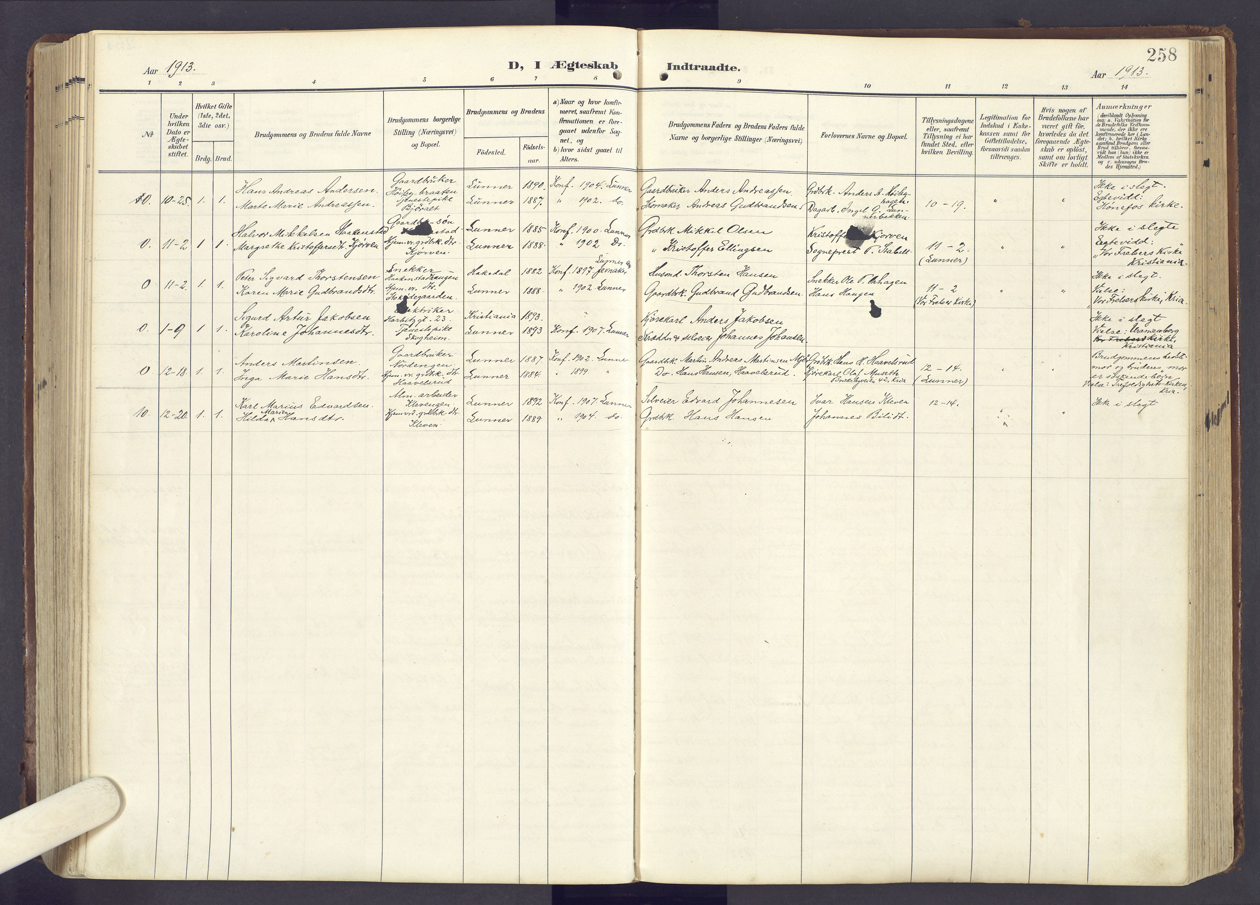 Lunner prestekontor, AV/SAH-PREST-118/H/Ha/Haa/L0001: Ministerialbok nr. 1, 1907-1922, s. 258