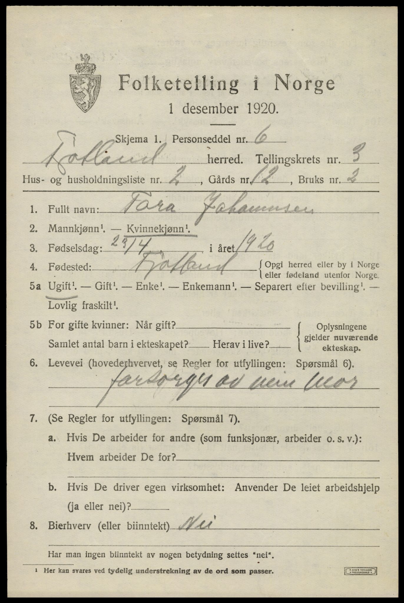 SAK, Folketelling 1920 for 1036 Fjotland herred, 1920, s. 952