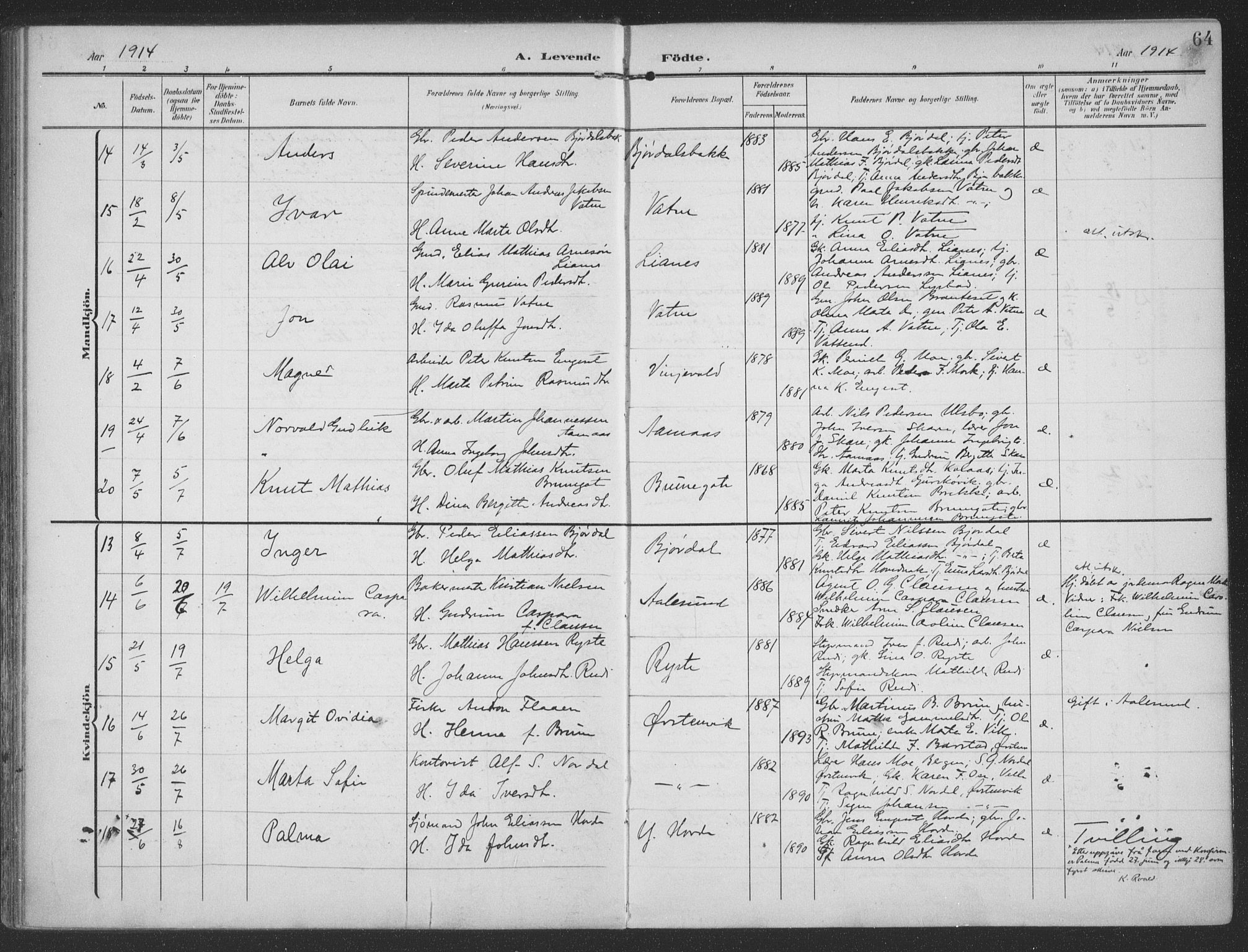 Ministerialprotokoller, klokkerbøker og fødselsregistre - Møre og Romsdal, SAT/A-1454/513/L0178: Ministerialbok nr. 513A05, 1906-1919, s. 64