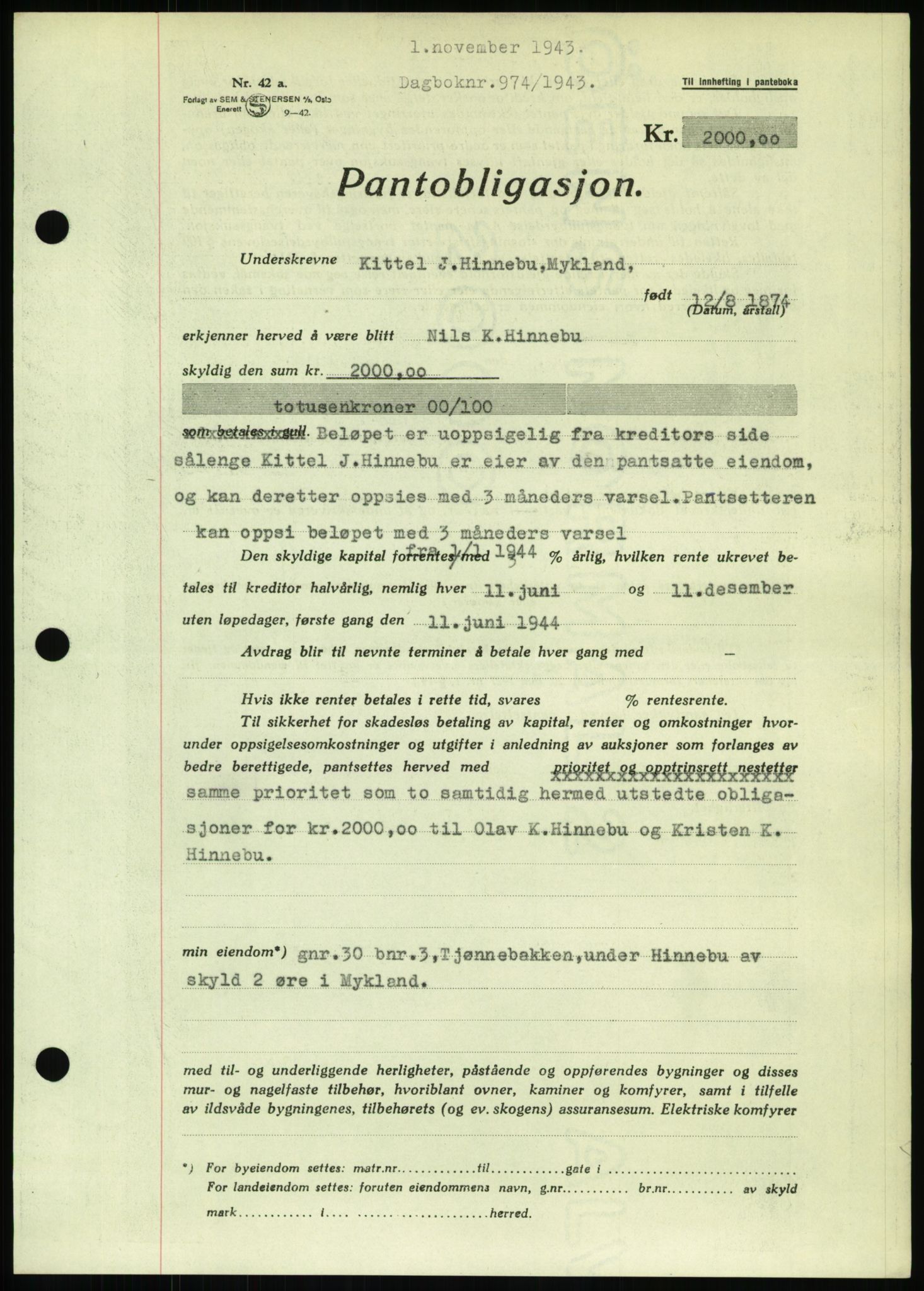 Nedenes sorenskriveri, SAK/1221-0006/G/Gb/Gbb/L0002: Pantebok nr. II, 1942-1945, Dagboknr: 974/1943