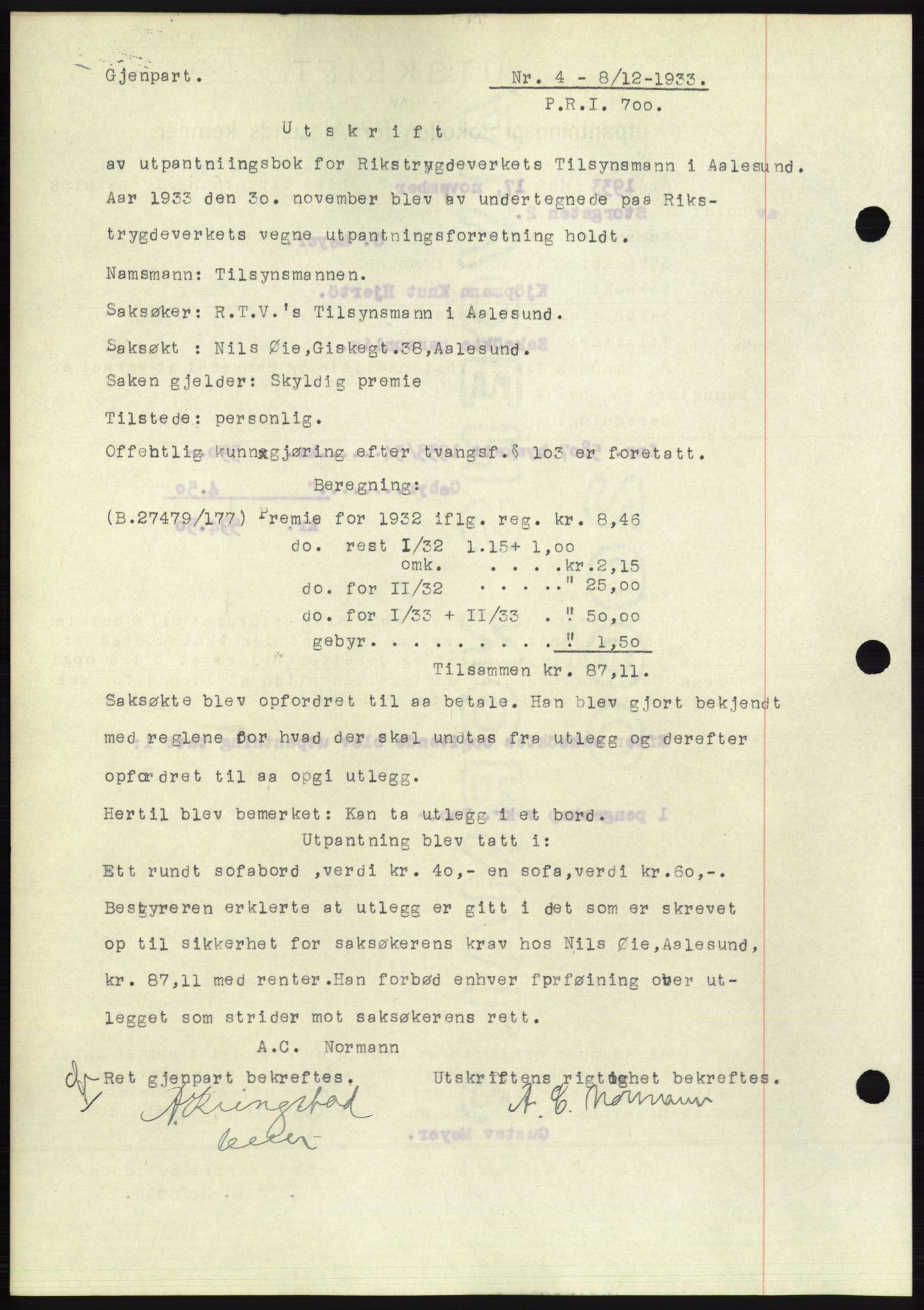 Ålesund byfogd, AV/SAT-A-4384: Pantebok nr. 31, 1933-1934, Tingl.dato: 08.12.1933