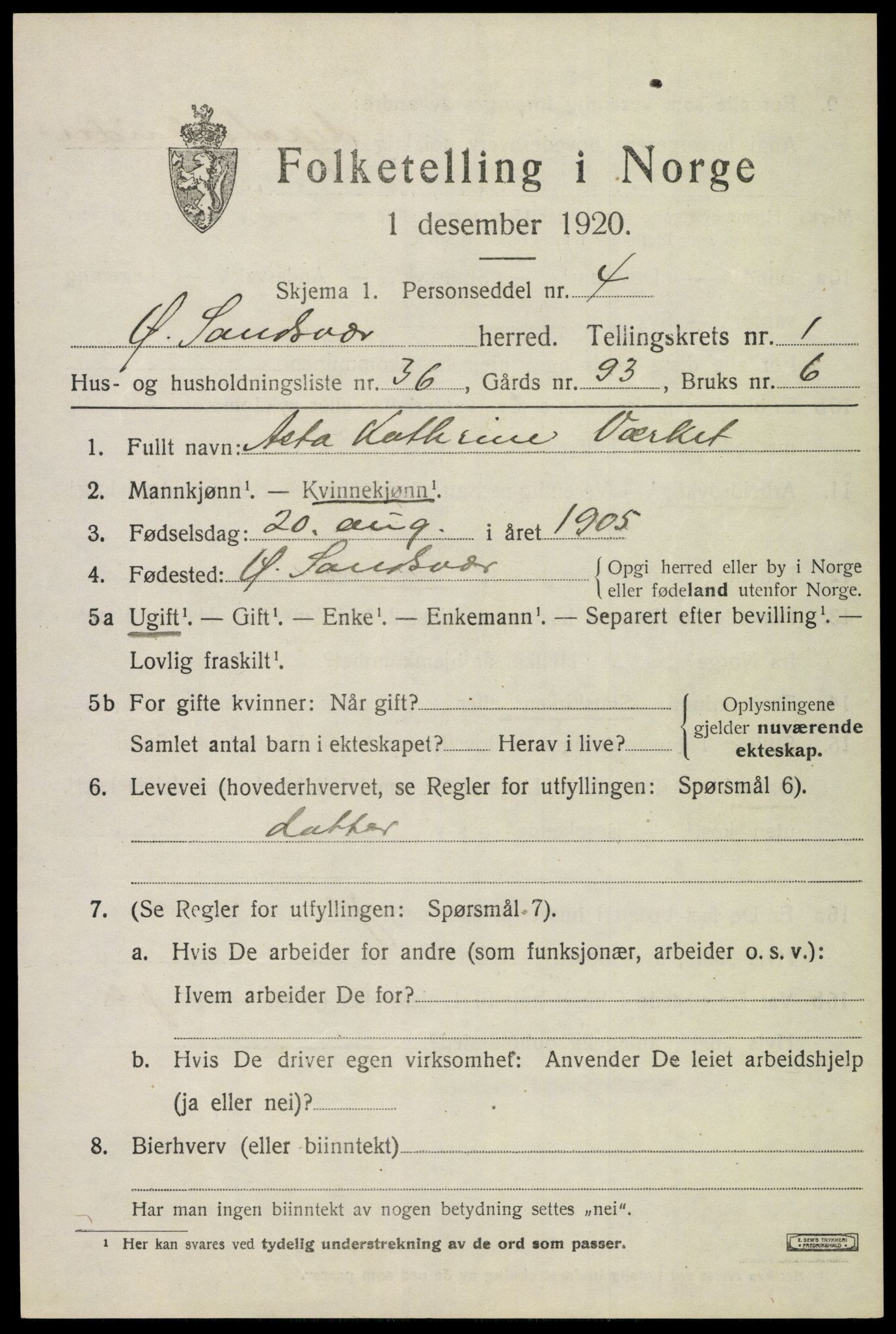 SAKO, Folketelling 1920 for 0630 Øvre Sandsvær herred, 1920, s. 1372