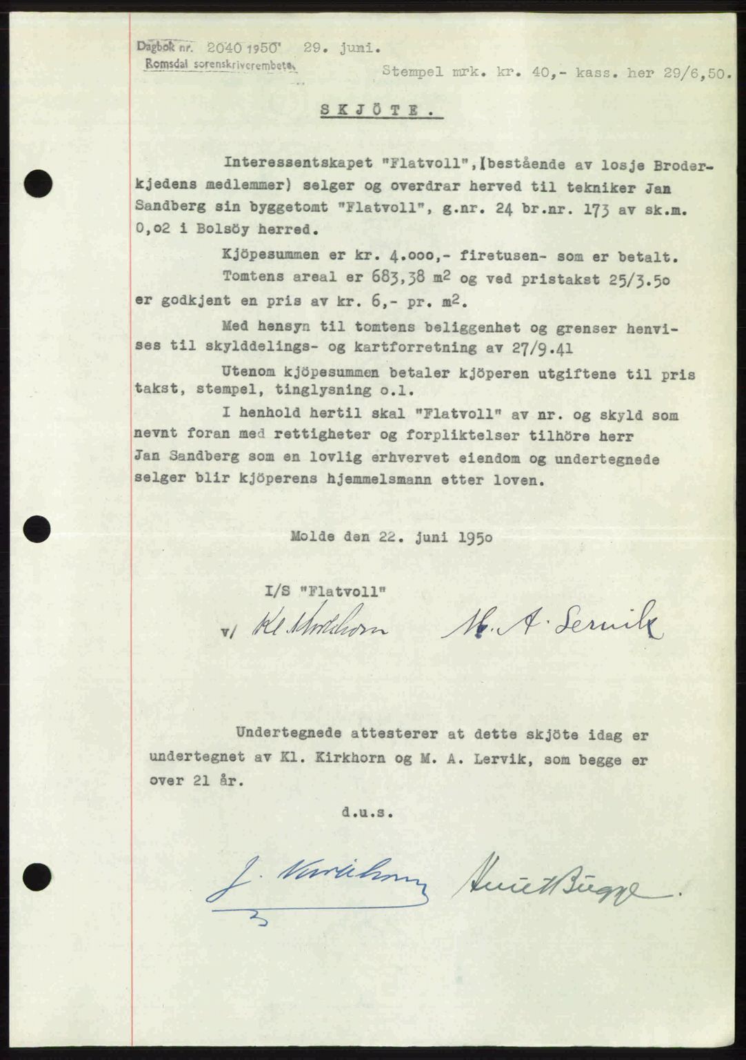 Romsdal sorenskriveri, SAT/A-4149/1/2/2C: Pantebok nr. A33, 1950-1950, Dagboknr: 2040/1950