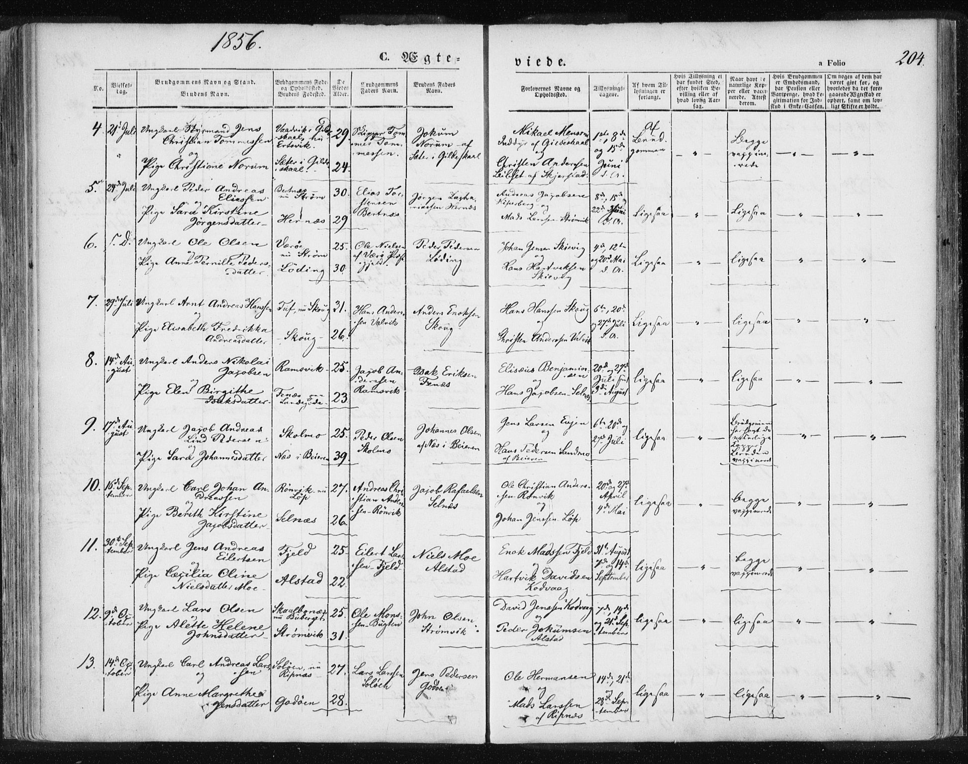 Ministerialprotokoller, klokkerbøker og fødselsregistre - Nordland, SAT/A-1459/801/L0007: Ministerialbok nr. 801A07, 1845-1863, s. 204