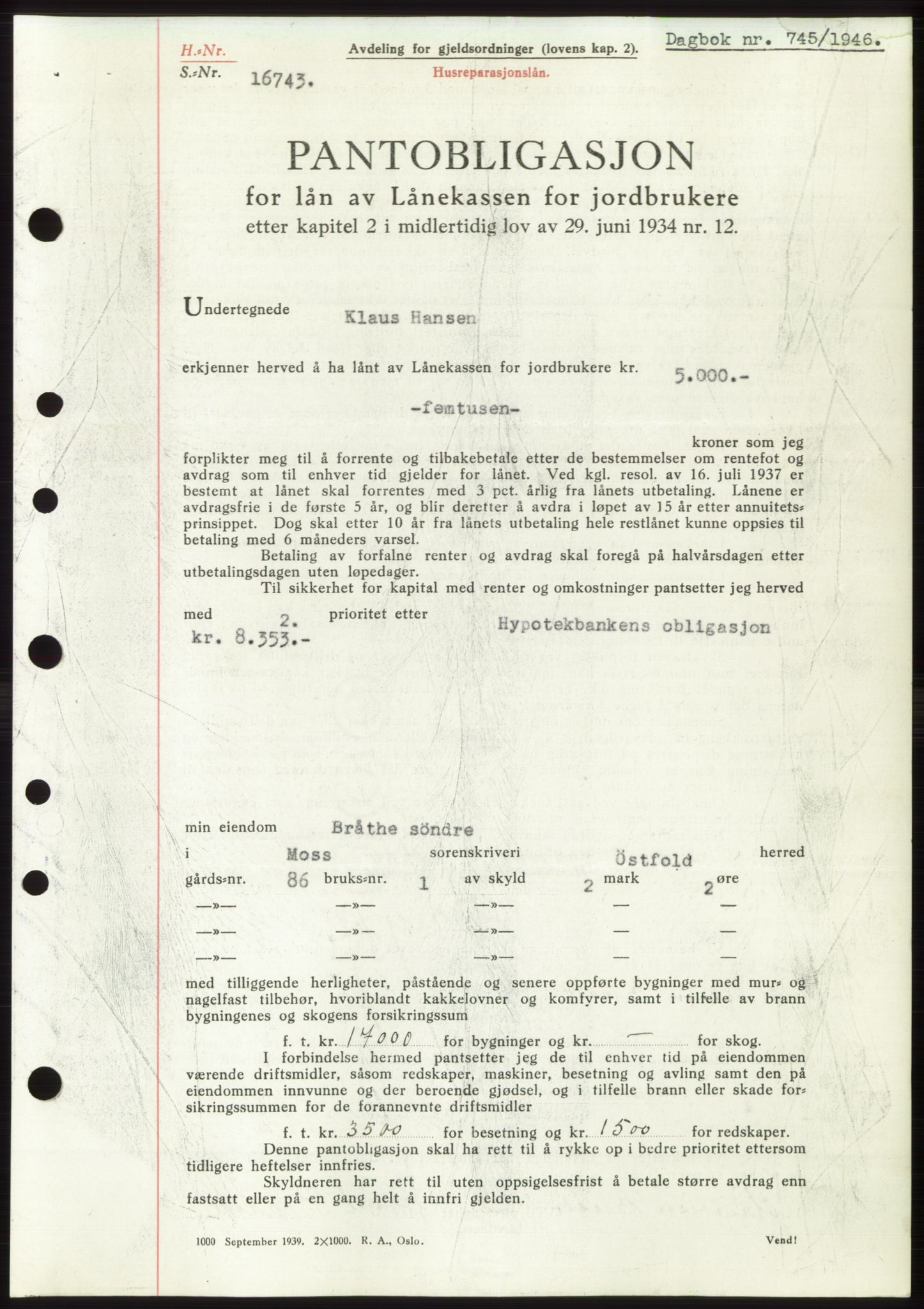 Moss sorenskriveri, SAO/A-10168: Pantebok nr. B15, 1946-1946, Dagboknr: 745/1946